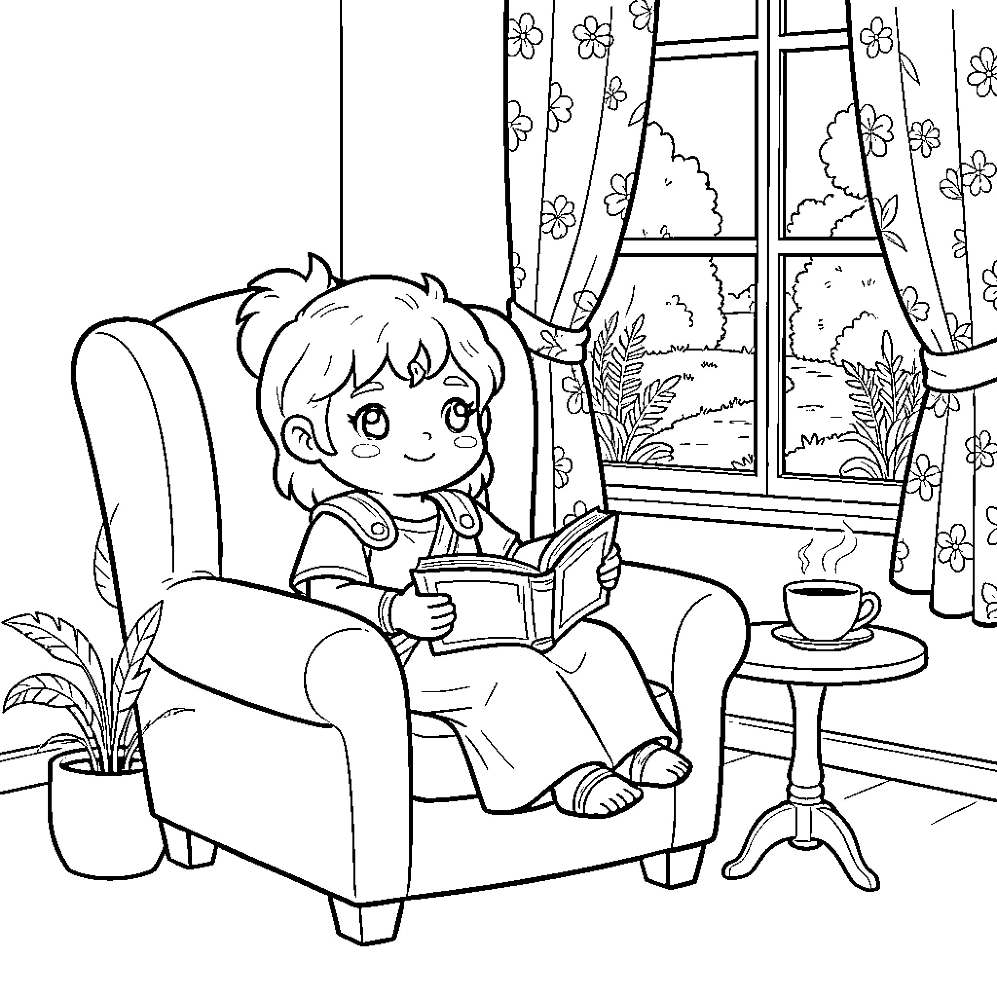 Zeus reading a book while sitting in an armchair Coloring Page (free black-and-white line drawing printable PDF for all, from beginners to advanced learners, including children, teens, adults, and seniors)
