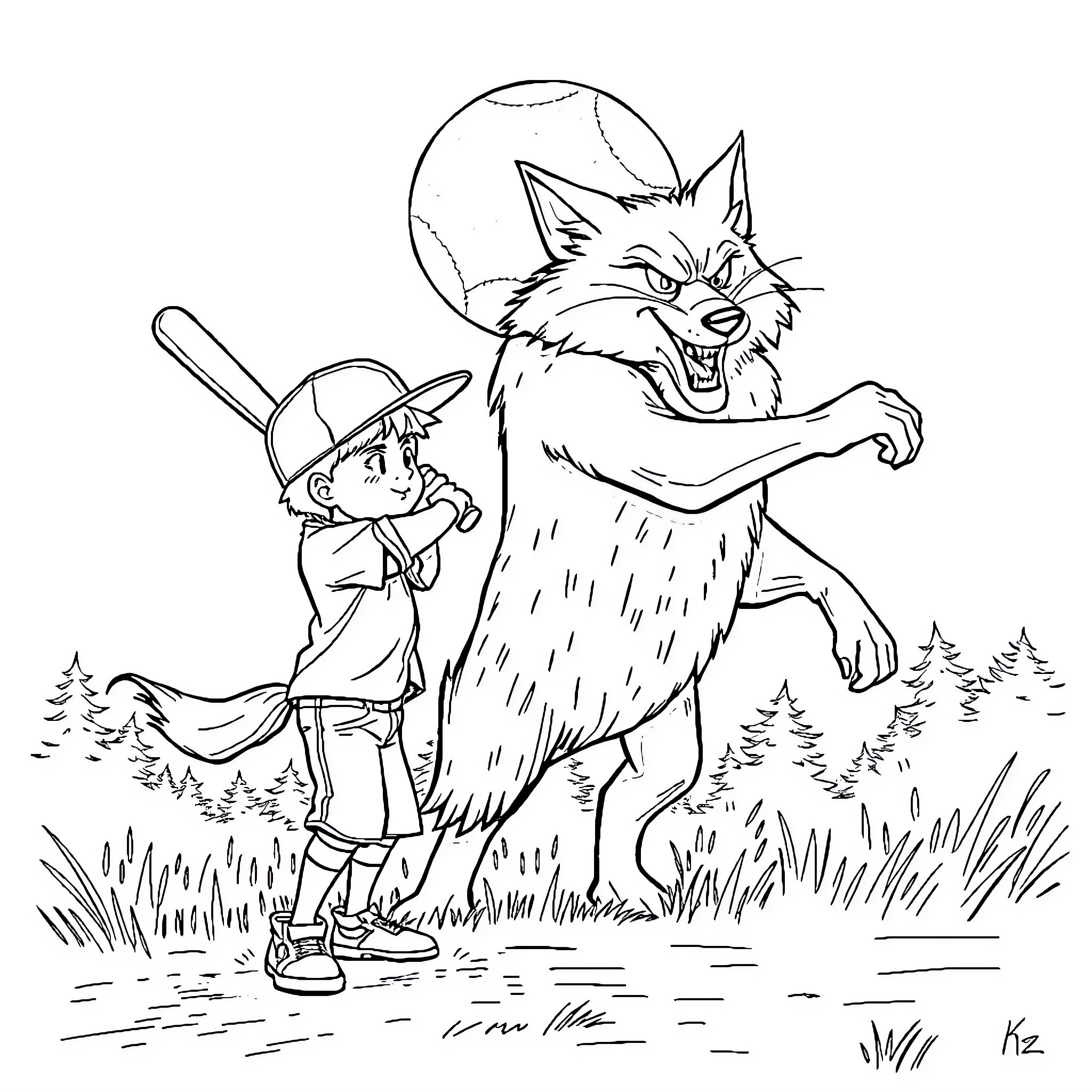 Kid facing a fierce wolf in the wilderness Coloring Page (free black-and-white line drawing printable PDF for all, from beginners to advanced learners, including children, teens, adults, and seniors)