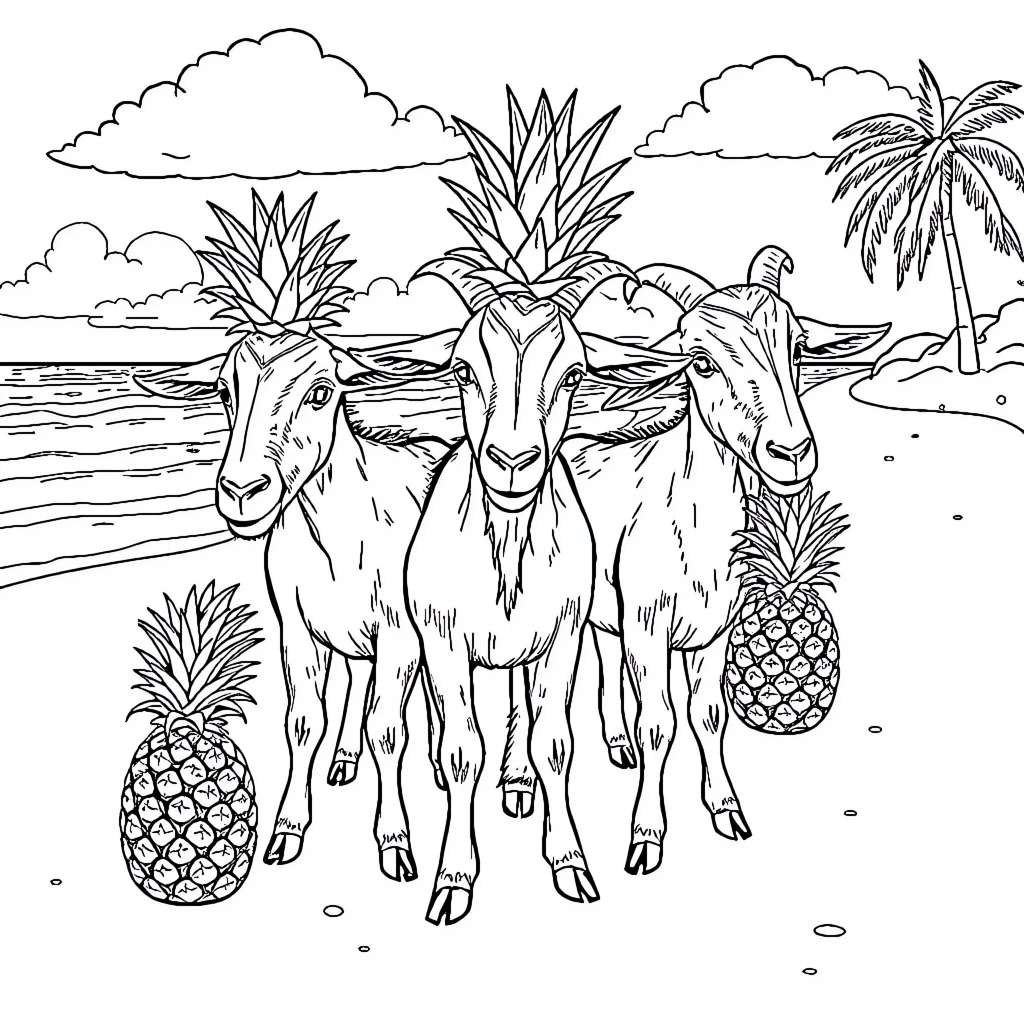 Goats strolling on tropical beach with pineapples Coloring Page (free black-and-white line drawing printable PDF for all, from beginners to advanced learners, including children, teens, adults, and seniors)