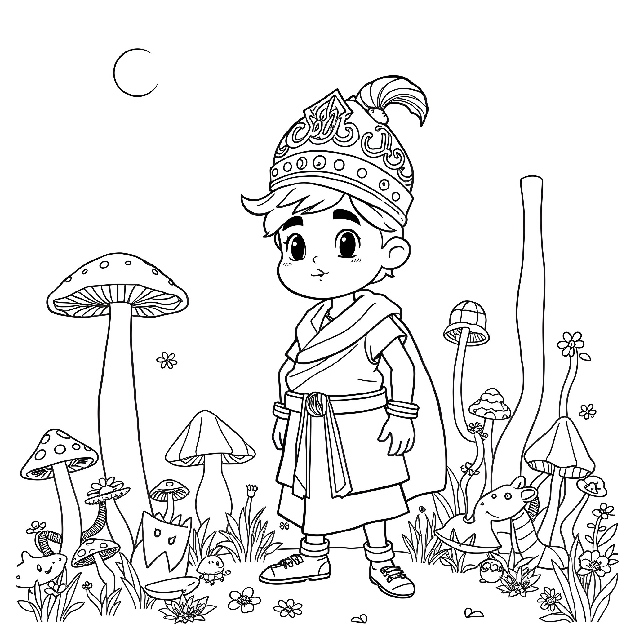 Mario's Whimsical Adventure in the Enchanted Forest Coloring Page (free black-and-white line drawing printable PDF for all, from beginners to advanced learners, including children, teens, adults, and seniors)