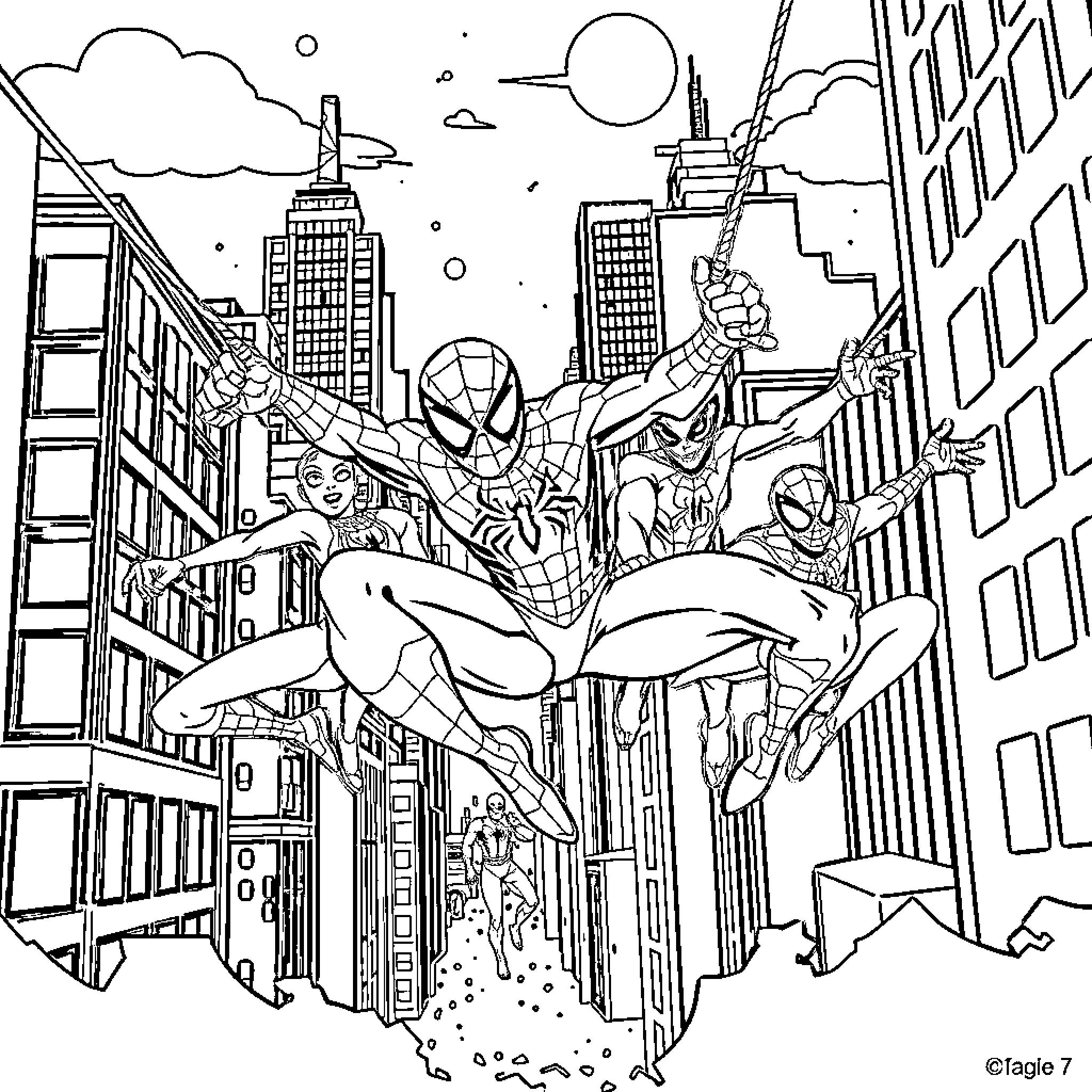 Spidey's High-Flying City Adventure Coloring Page (free black-and-white line drawing printable PDF for all, from beginners to advanced learners, including children, teens, adults, and seniors)