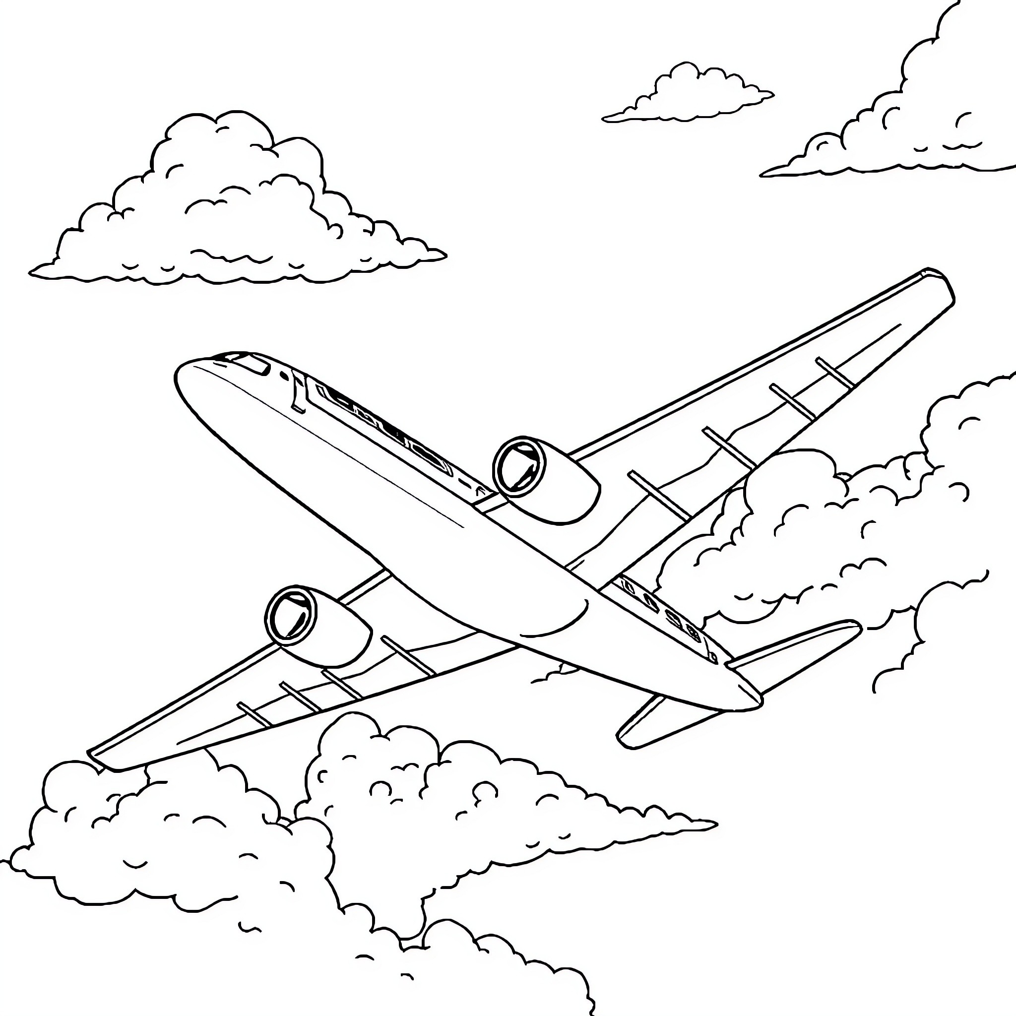 Avião voando entre nuvens Coloring Page (free black-and-white line drawing printable PDF for all, from beginners to advanced learners, including children, teens, adults, and seniors)