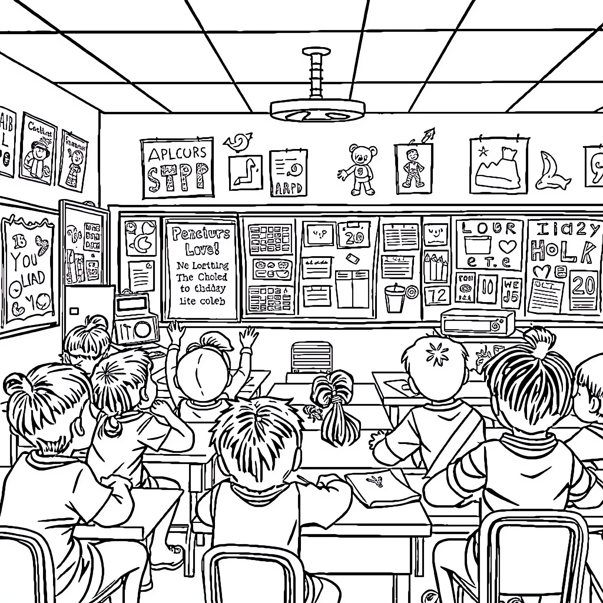 Grade School Classroom with Students Learning Coloring Page (free black-and-white line drawing printable PDF for all, from beginners to advanced learners, including children, teens, adults, and seniors)