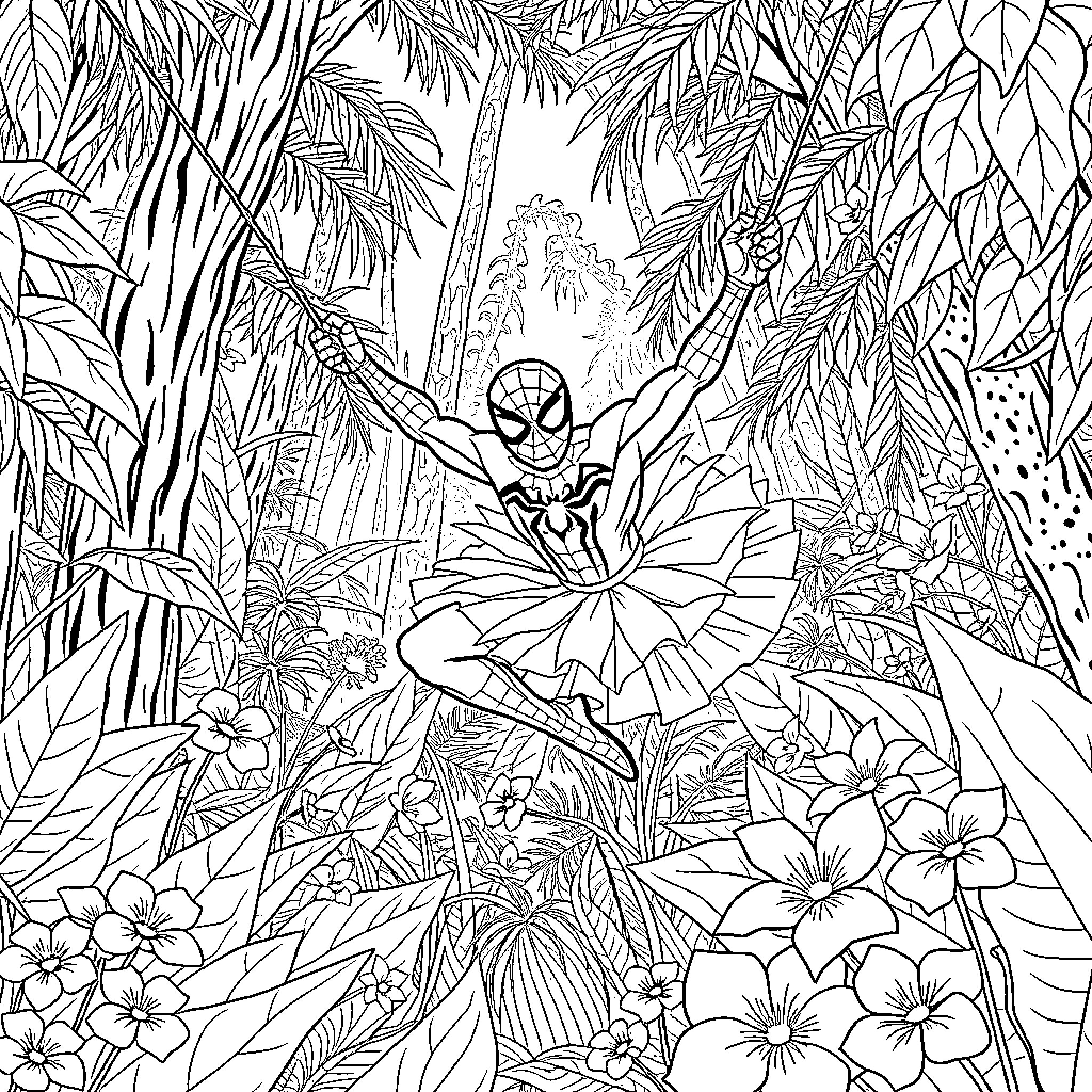 Spiderman swinging through a lush jungle landscape Coloring Page (free black-and-white line drawing printable PDF for all, from beginners to advanced learners, including children, teens, adults, and seniors)