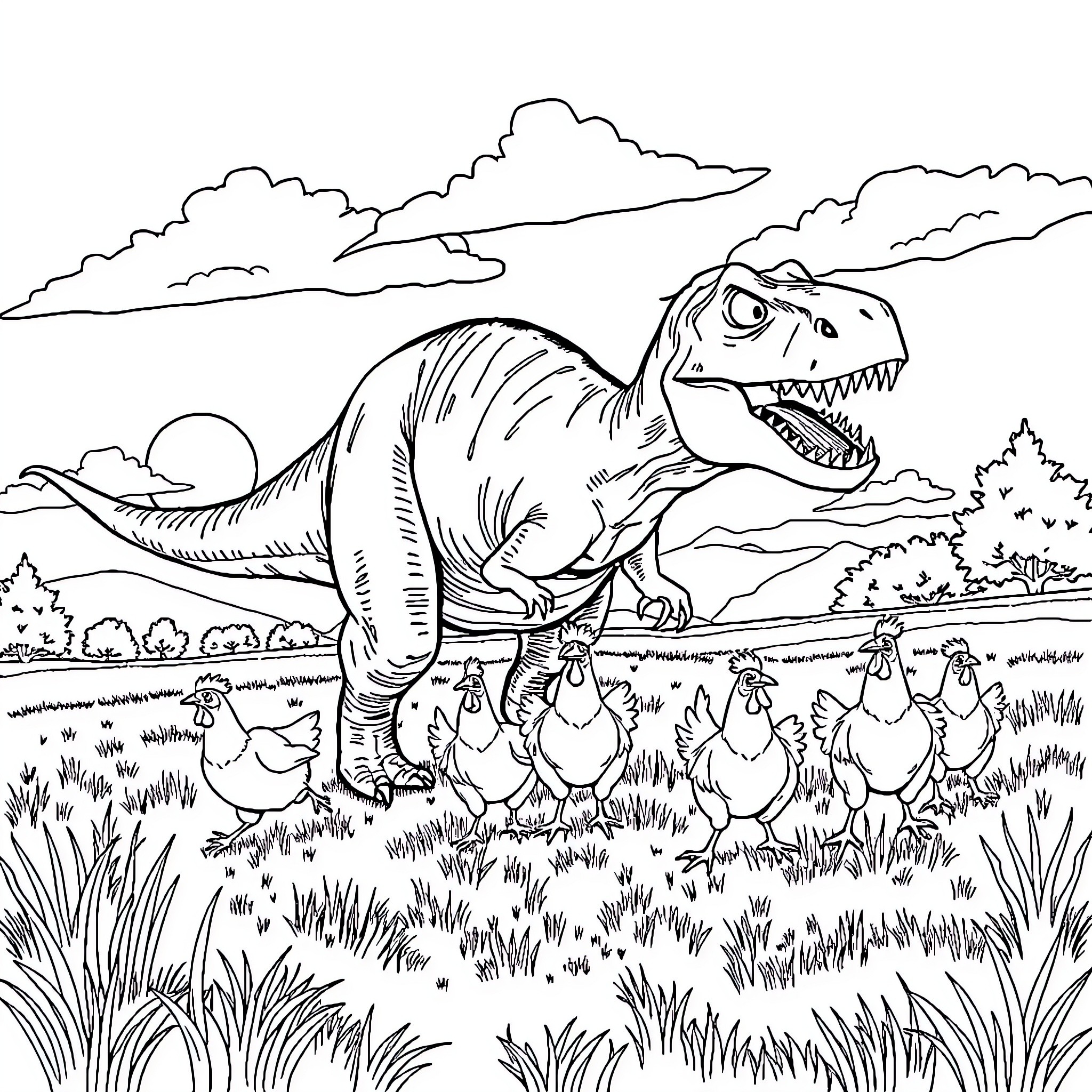 Dinosaur terrorizing farm animals in the wild Coloring Page (free black-and-white line drawing printable PDF for all, from beginners to advanced learners, including children, teens, adults, and seniors)