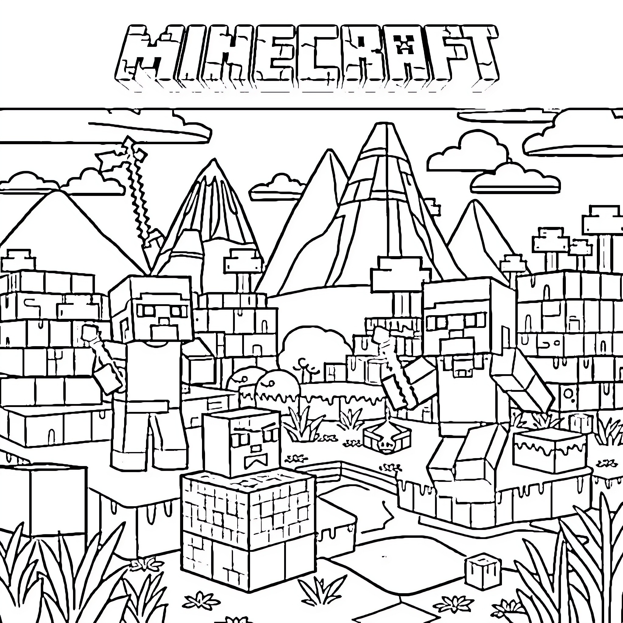 Minecraft adventure in a blocky landscape Coloring Page (free black-and-white line drawing printable PDF for all, from beginners to advanced learners, including children, teens, adults, and seniors)