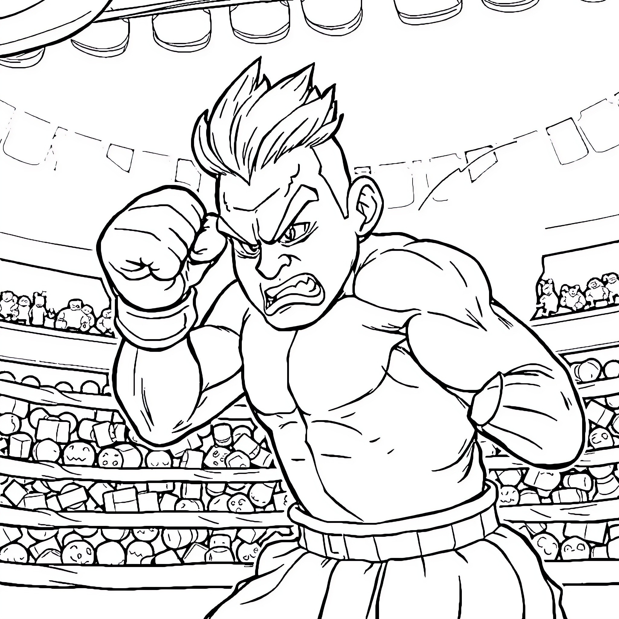 Vegeta's Intense Battle in the Arena Coloring Page (free black-and-white line drawing printable PDF for all, from beginners to advanced learners, including children, teens, adults, and seniors)
