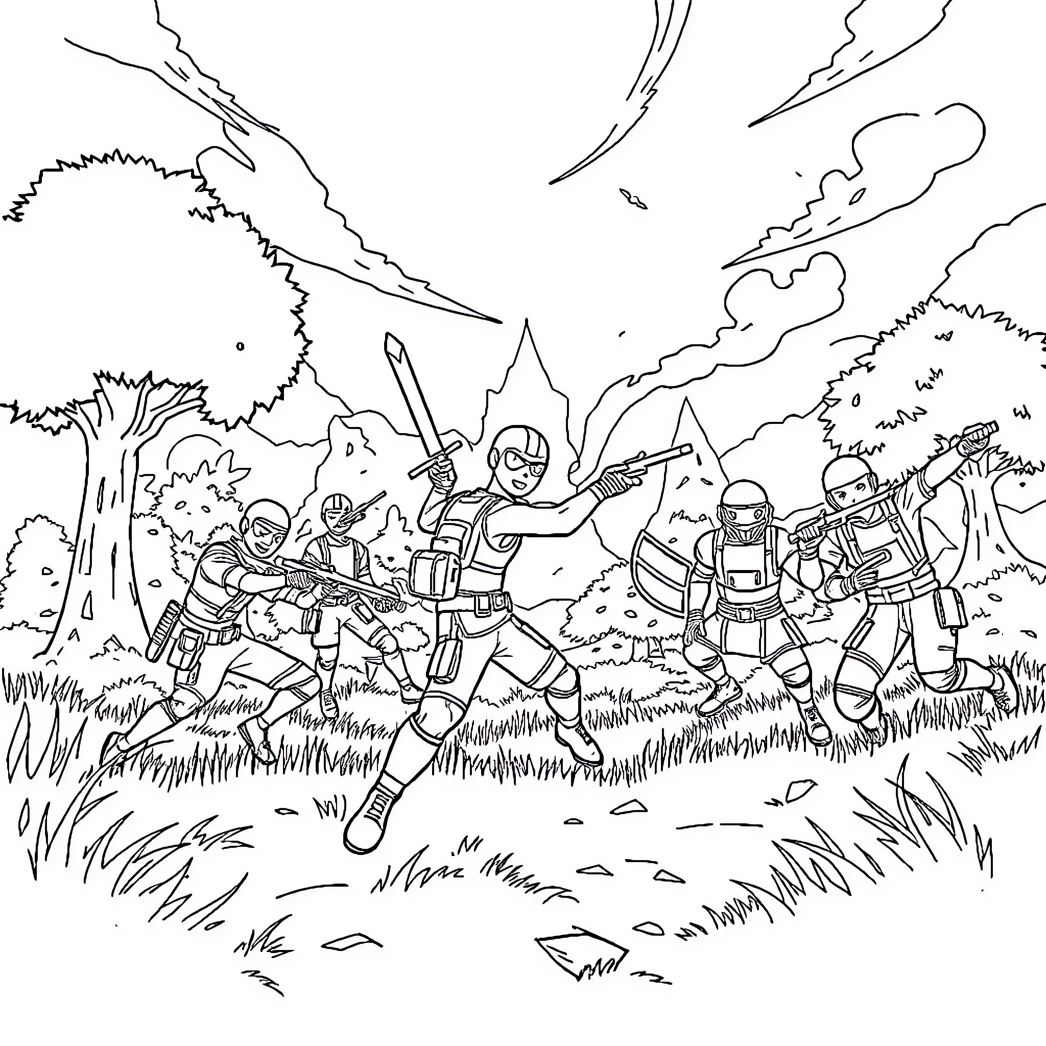 Battle Royale of Armored Combatants in Dramatic Landscape Coloring Page (free black-and-white line drawing printable PDF for all, from beginners to advanced learners, including children, teens, adults, and seniors)