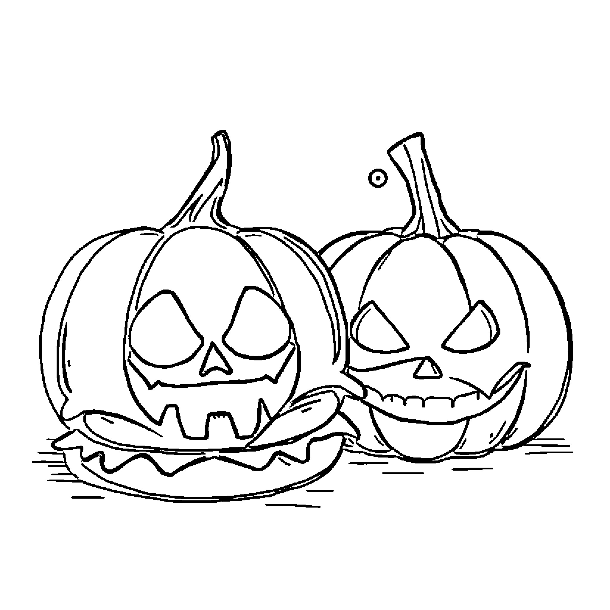 Burger-shaped Halloween pumpkins with spooky faces Coloring Page (free black-and-white line drawing printable PDF for all, from beginners to advanced learners, including children, teens, adults, and seniors)