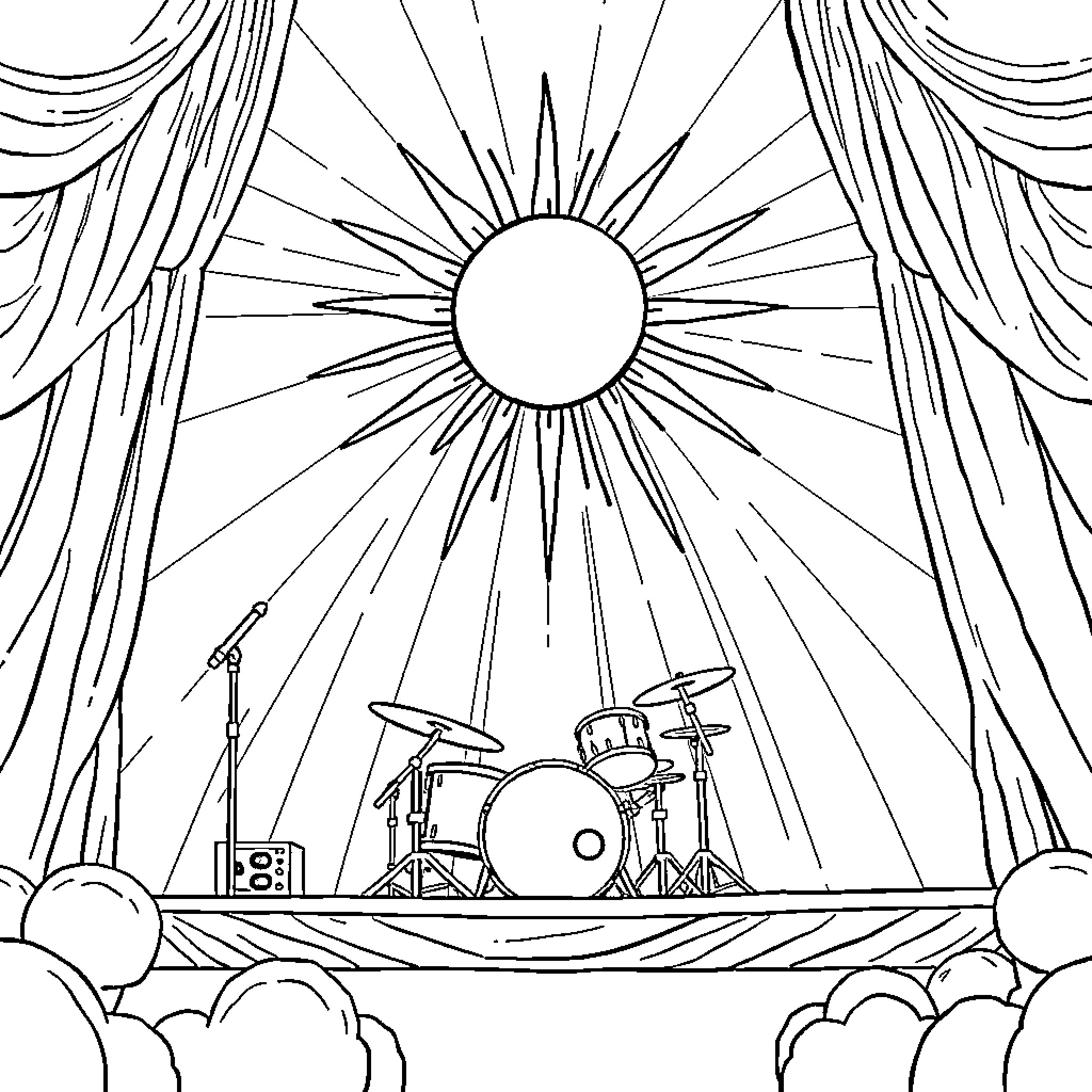 Sun shining over musical performance on stage Coloring Page (free black-and-white line drawing printable PDF for all, from beginners to advanced learners, including children, teens, adults, and seniors)
