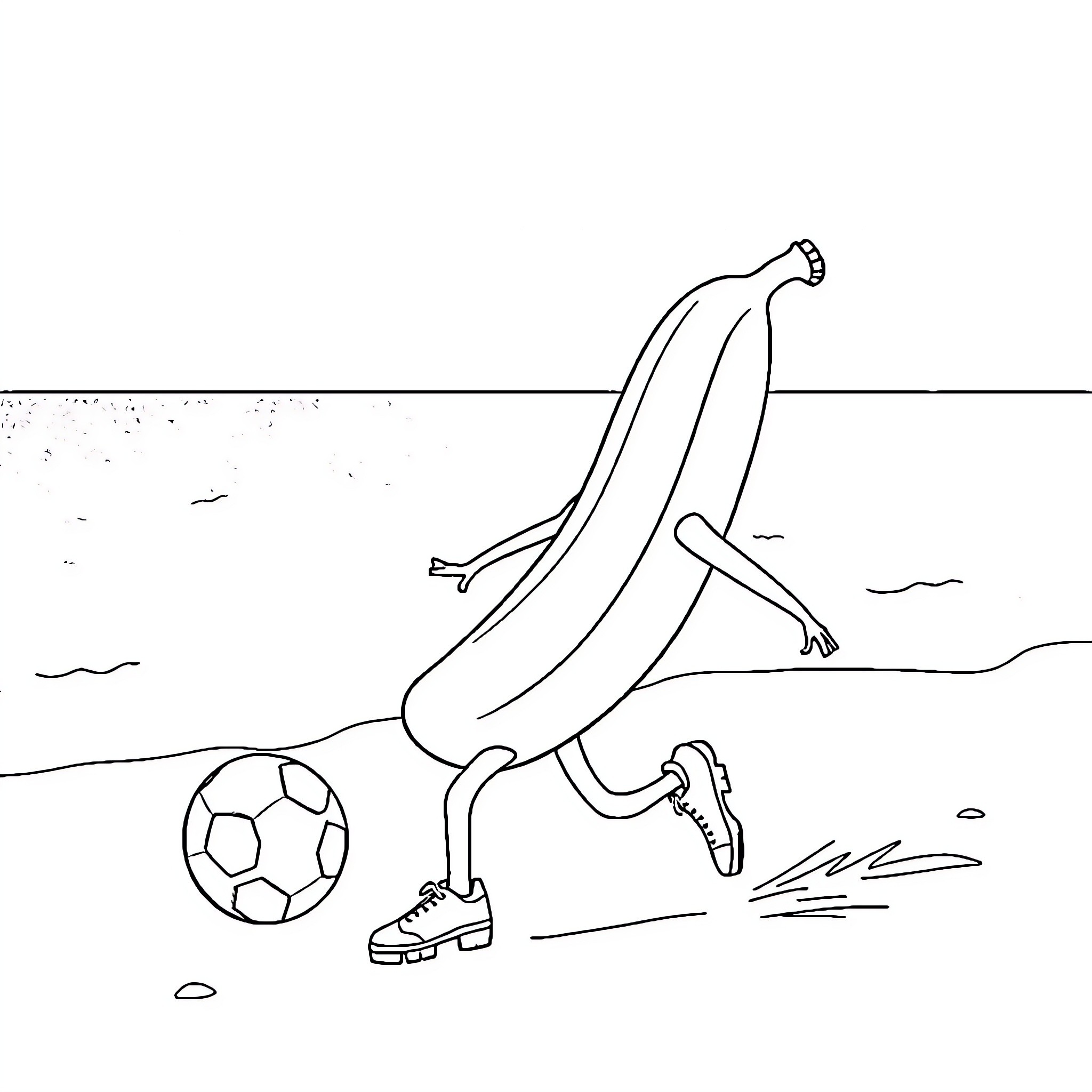 Banana kicking soccer ball playfully Coloring Page (free black-and-white line drawing printable PDF for all, from beginners to advanced learners, including children, teens, adults, and seniors)