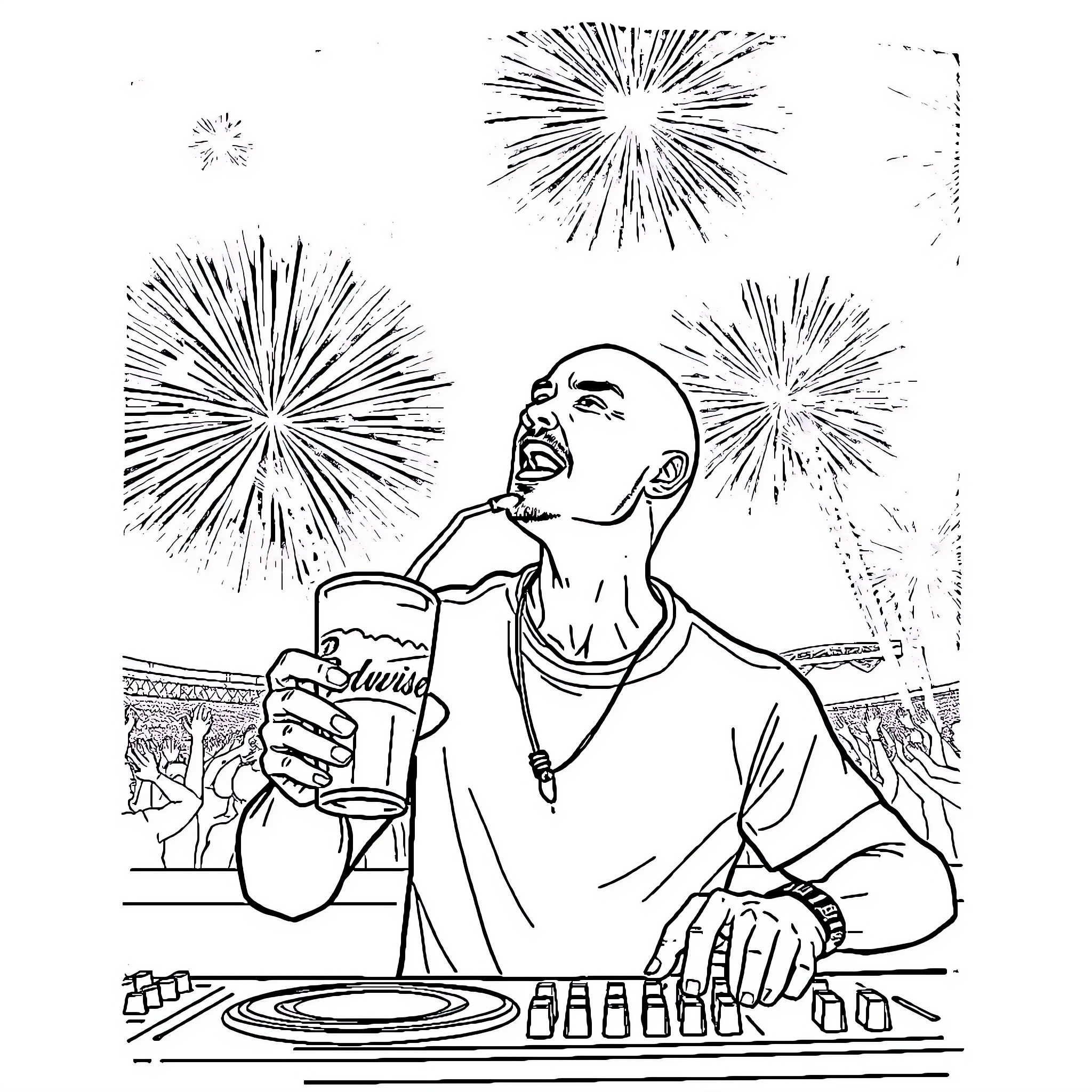 DJ Mixing Drinks and Enjoying Fireworks Display Coloring Page (free black-and-white line drawing printable PDF for all, from beginners to advanced learners, including children, teens, adults, and seniors)