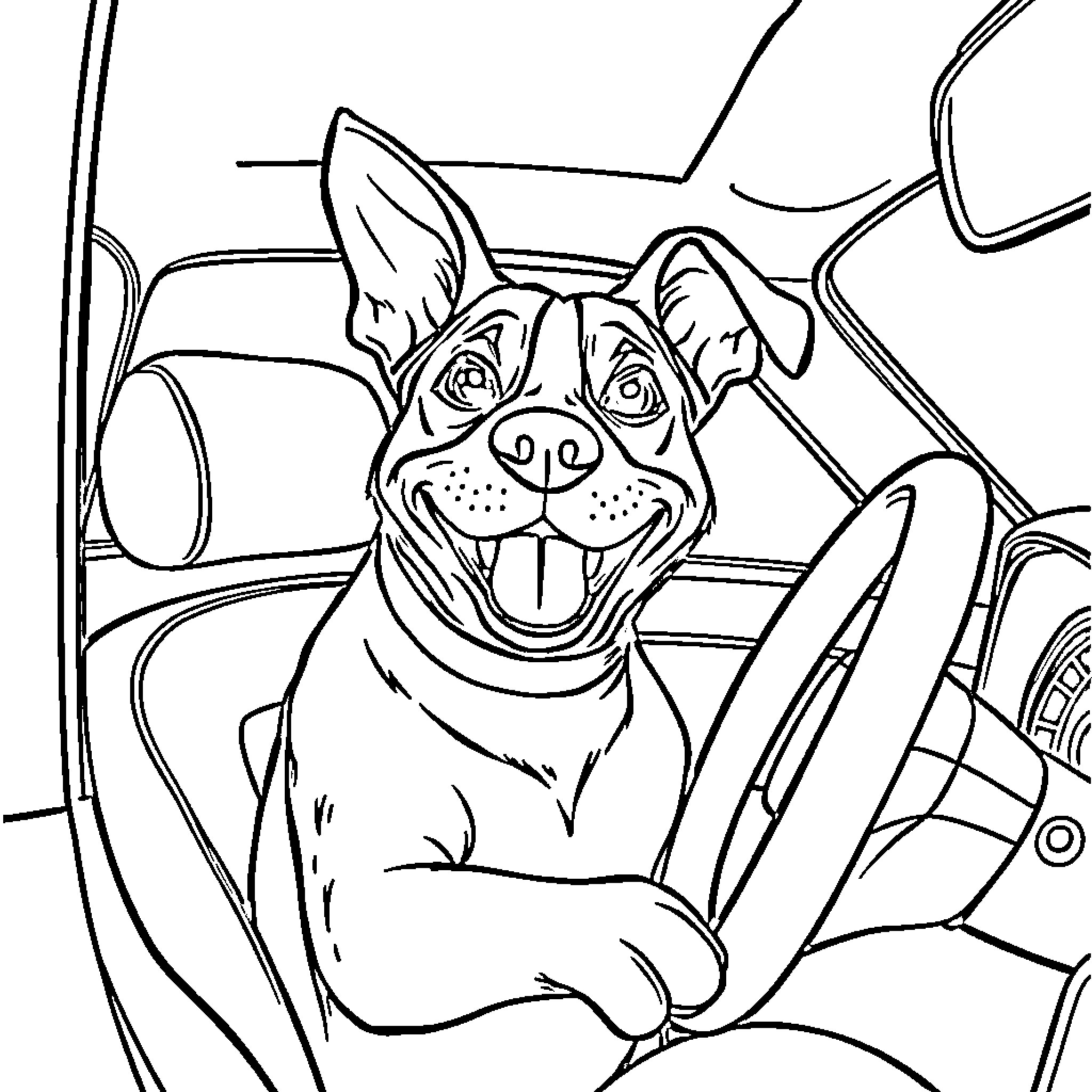 Dog enjoying car ride with big smile Coloring Page (free black-and-white line drawing printable PDF for all, from beginners to advanced learners, including children, teens, adults, and seniors)