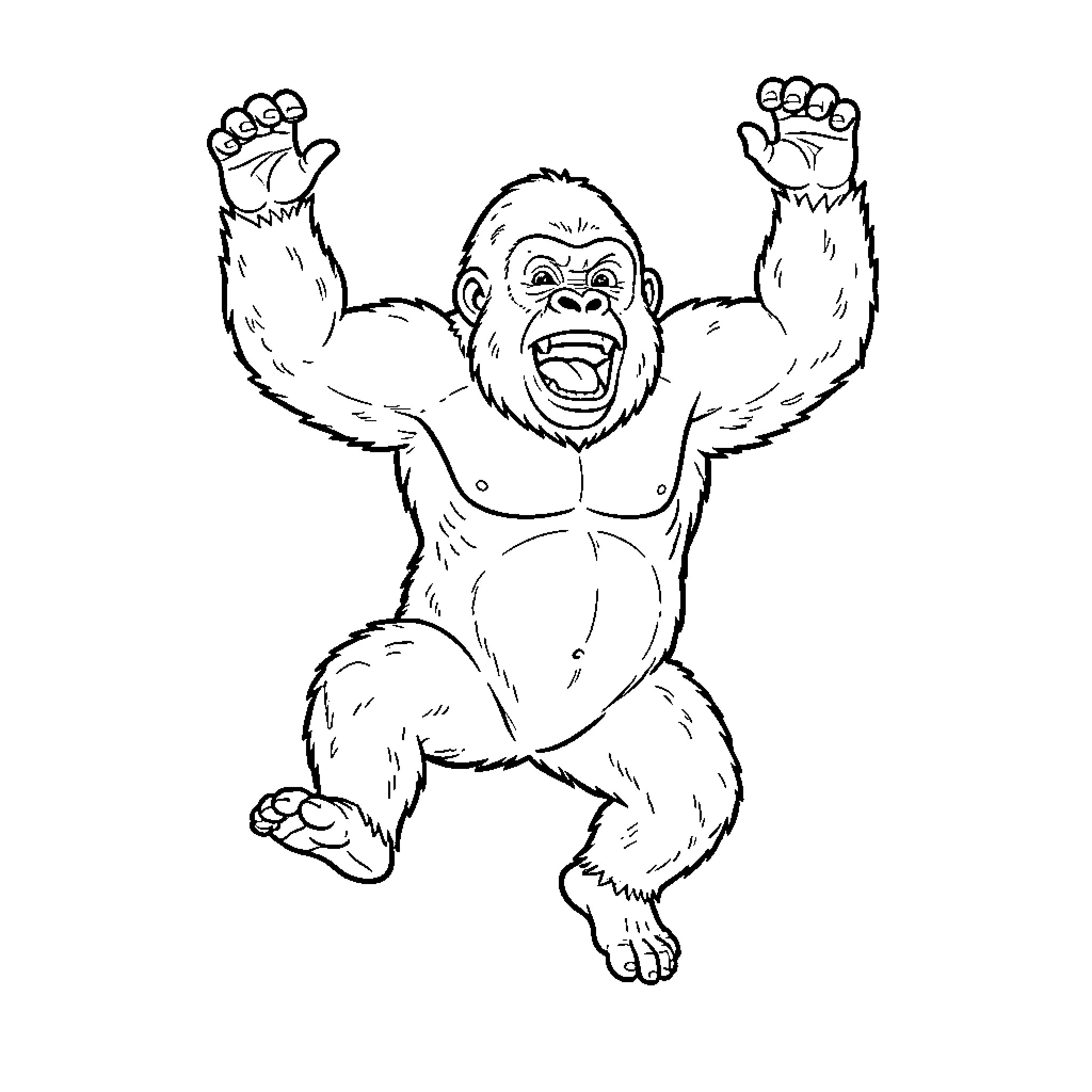 Gorilla celebrating with arms raised Coloring Page (free black-and-white line drawing printable PDF for all, from beginners to advanced learners, including children, teens, adults, and seniors)