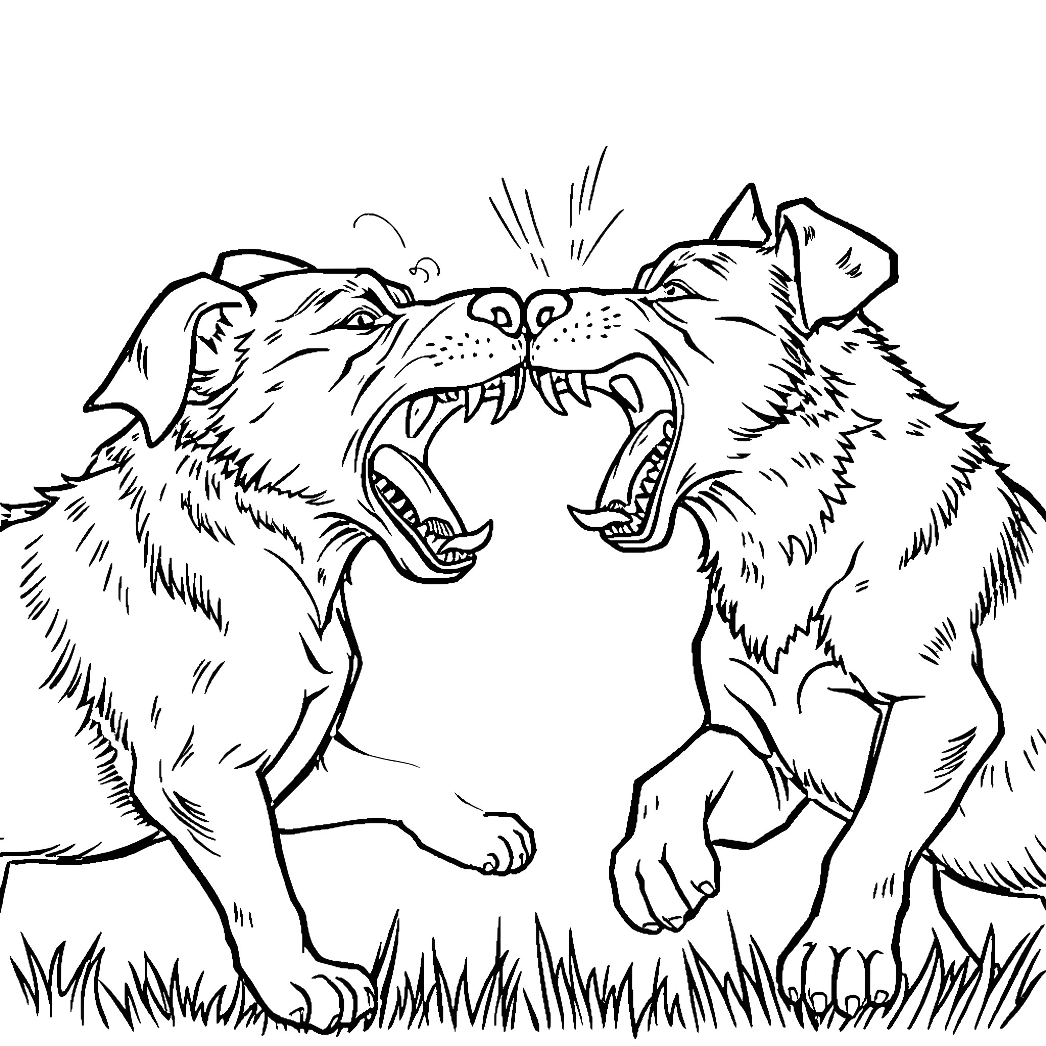 Dog Adversaries Engaged in Fierce Confrontation Coloring Page (free black-and-white line drawing printable PDF for all, from beginners to advanced learners, including children, teens, adults, and seniors)