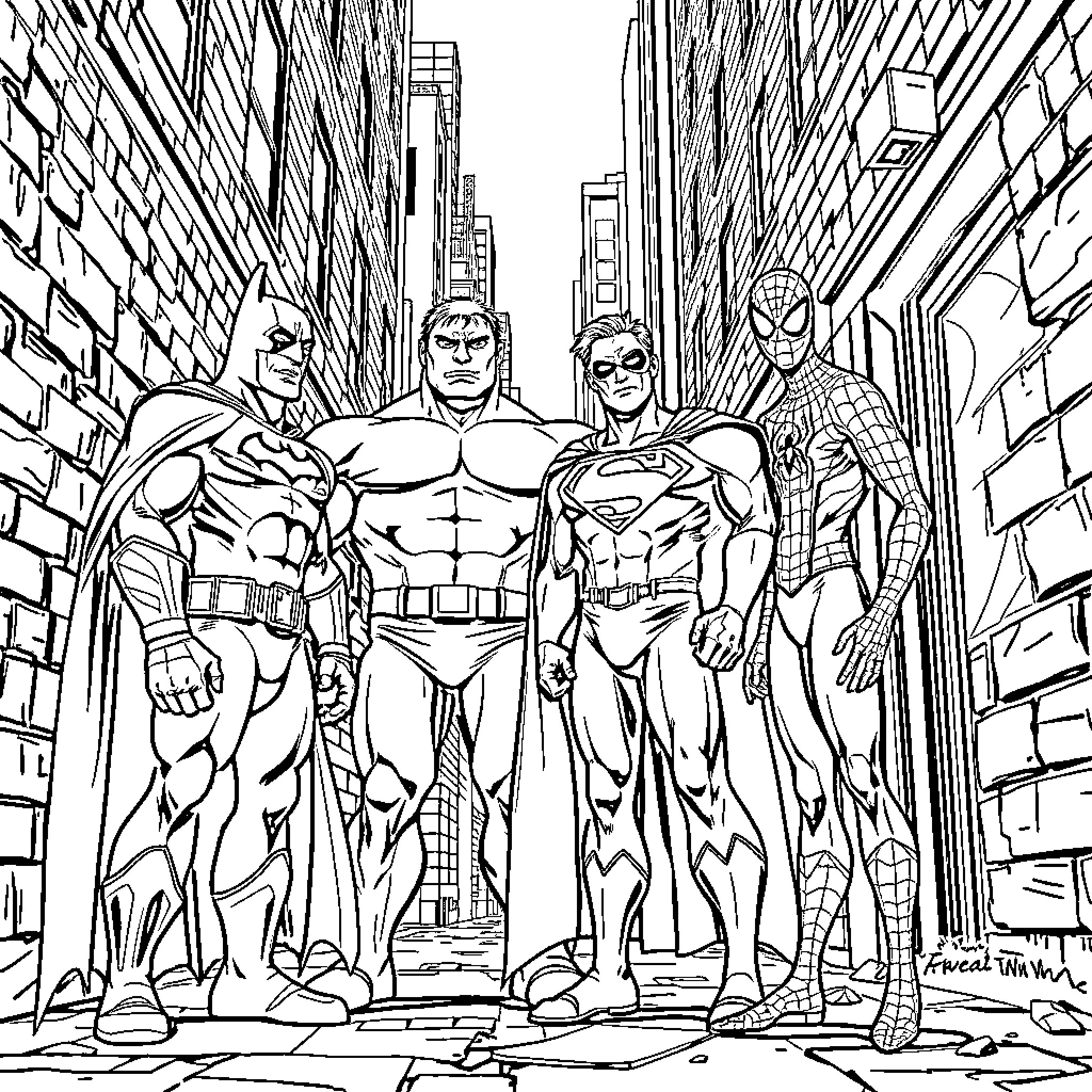 Superheroes Assembled in the Cityscape Coloring Page (free black-and-white line drawing printable PDF for all, from beginners to advanced learners, including children, teens, adults, and seniors)