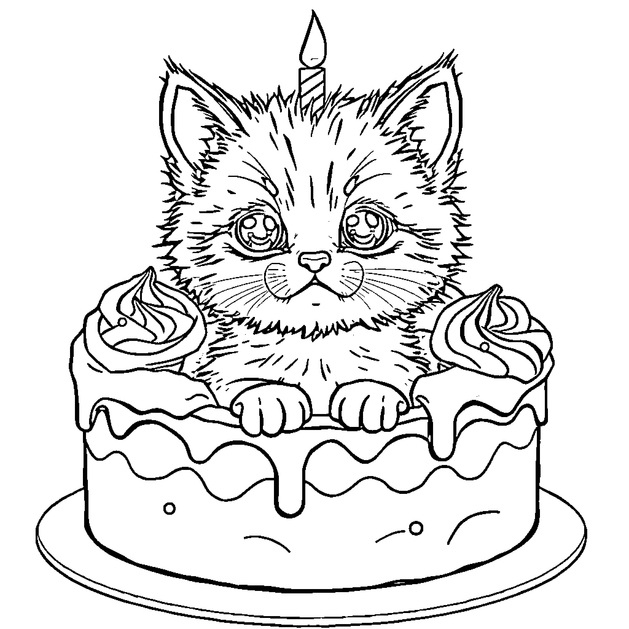 Kitten peering out from a decorative birthday cake Coloring Page (free black-and-white line drawing printable PDF for all, from beginners to advanced learners, including children, teens, adults, and seniors)