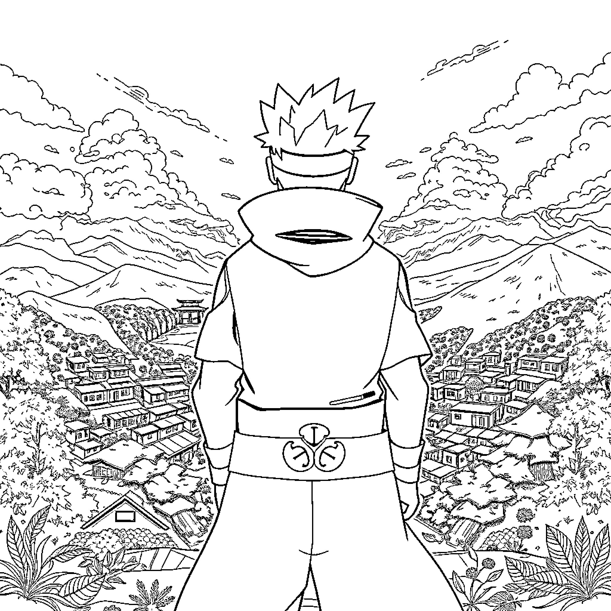 Naruto overlooking the Hidden Leaf Village Coloring Page (free black-and-white line drawing printable PDF for all, from beginners to advanced learners, including children, teens, adults, and seniors)