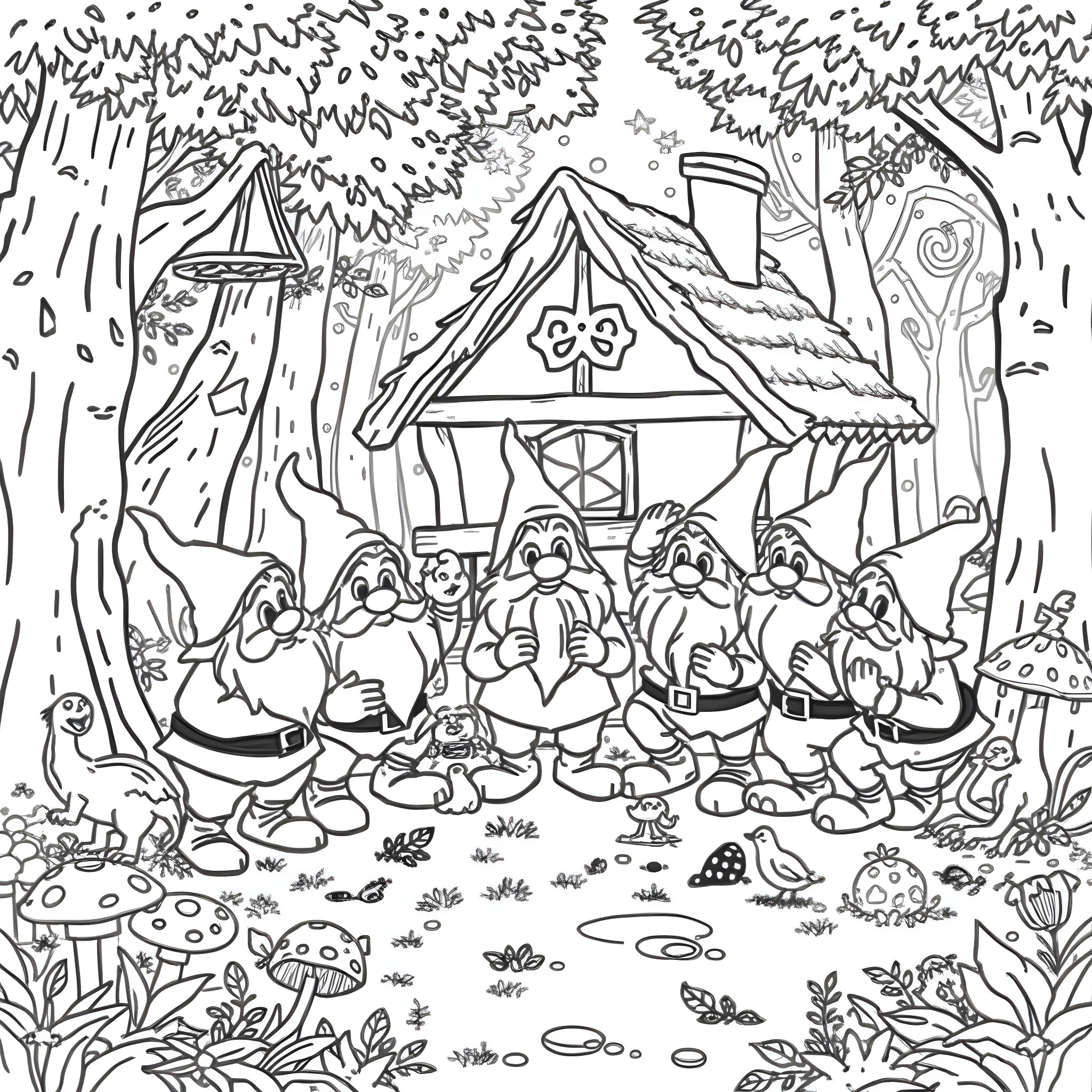 Dwarf Dwarfs Gathering in the Enchanted Forest Coloring Page (free black-and-white line drawing printable PDF for all, from beginners to advanced learners, including children, teens, adults, and seniors)