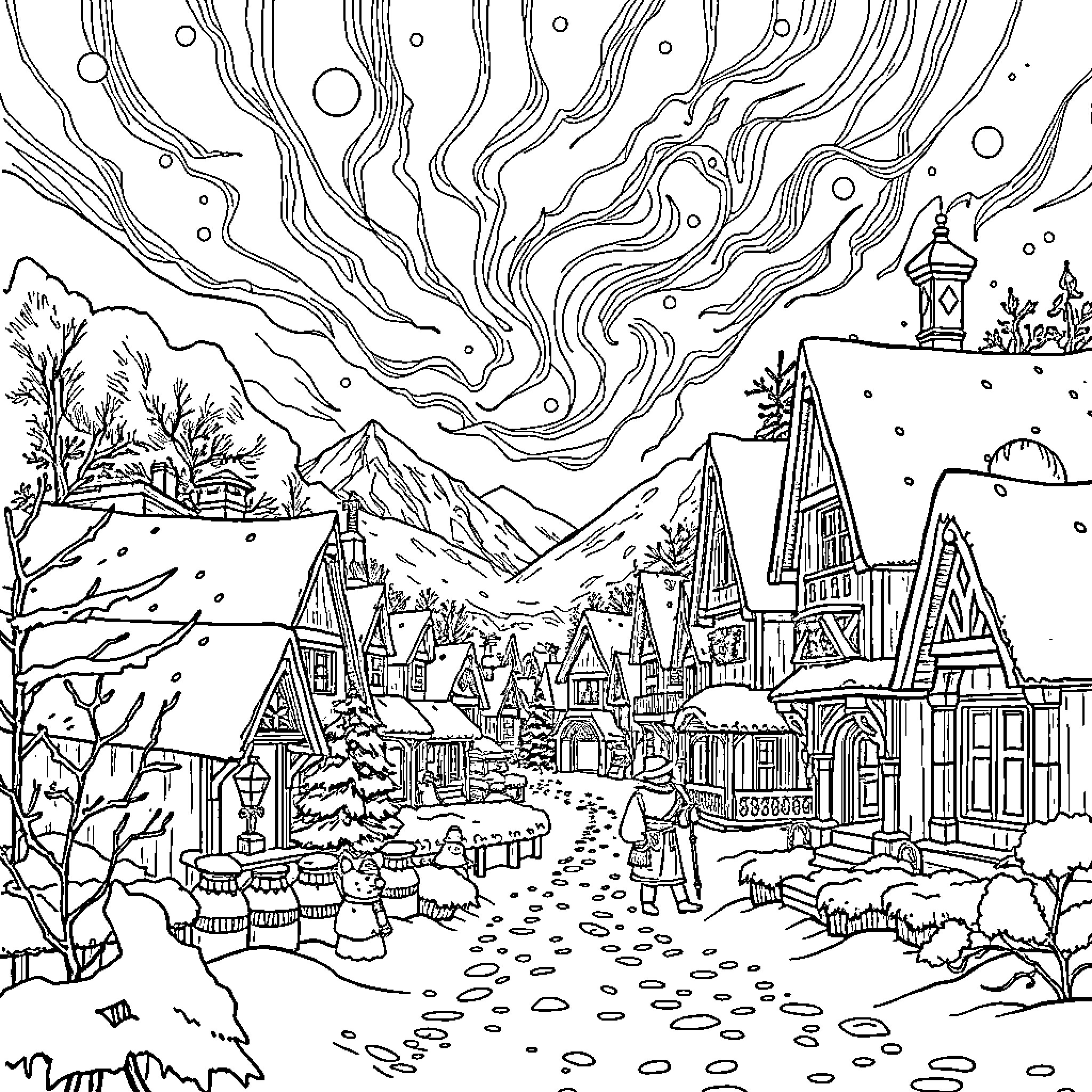 Christmas in a Snowy Wonderland Coloring Page (free black-and-white line drawing printable PDF for all, from beginners to advanced learners, including children, teens, adults, and seniors)