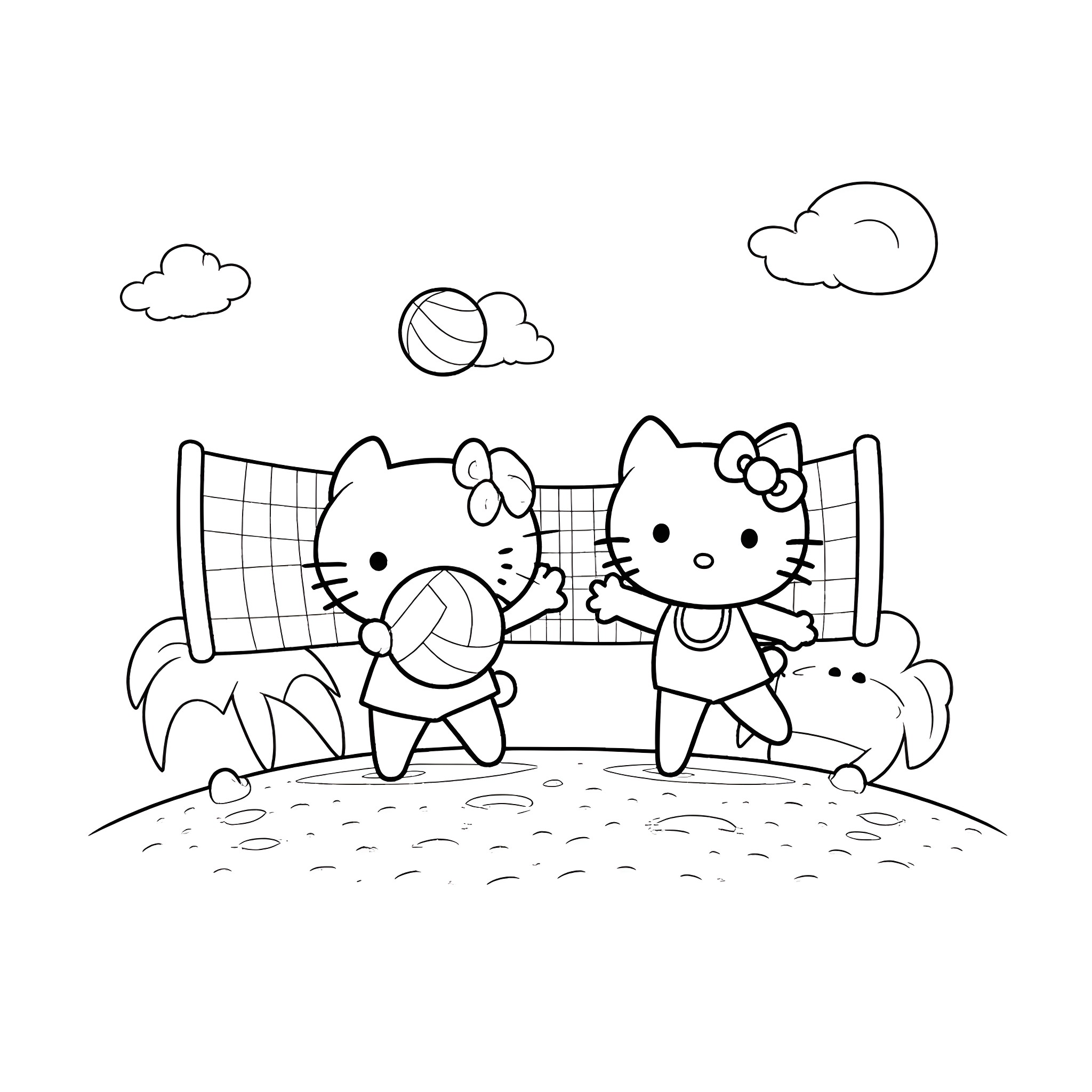 Hello Kitty Playing Volleyball with Friends Coloring Page (free black-and-white line drawing printable PDF for all, from beginners to advanced learners, including children, teens, adults, and seniors)