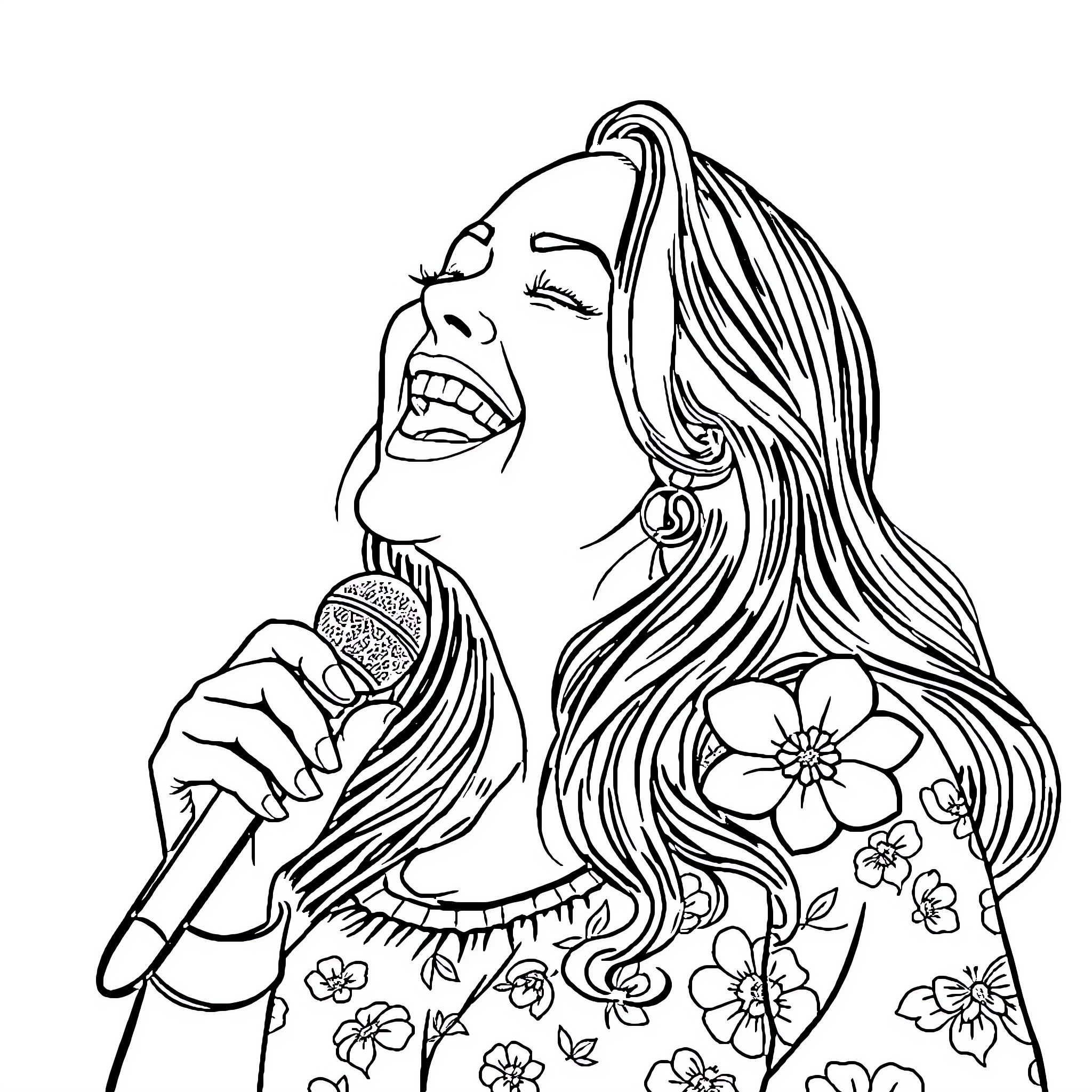 Woman singing with passion and expression Coloring Page (free black-and-white line drawing printable PDF for all, from beginners to advanced learners, including children, teens, adults, and seniors)