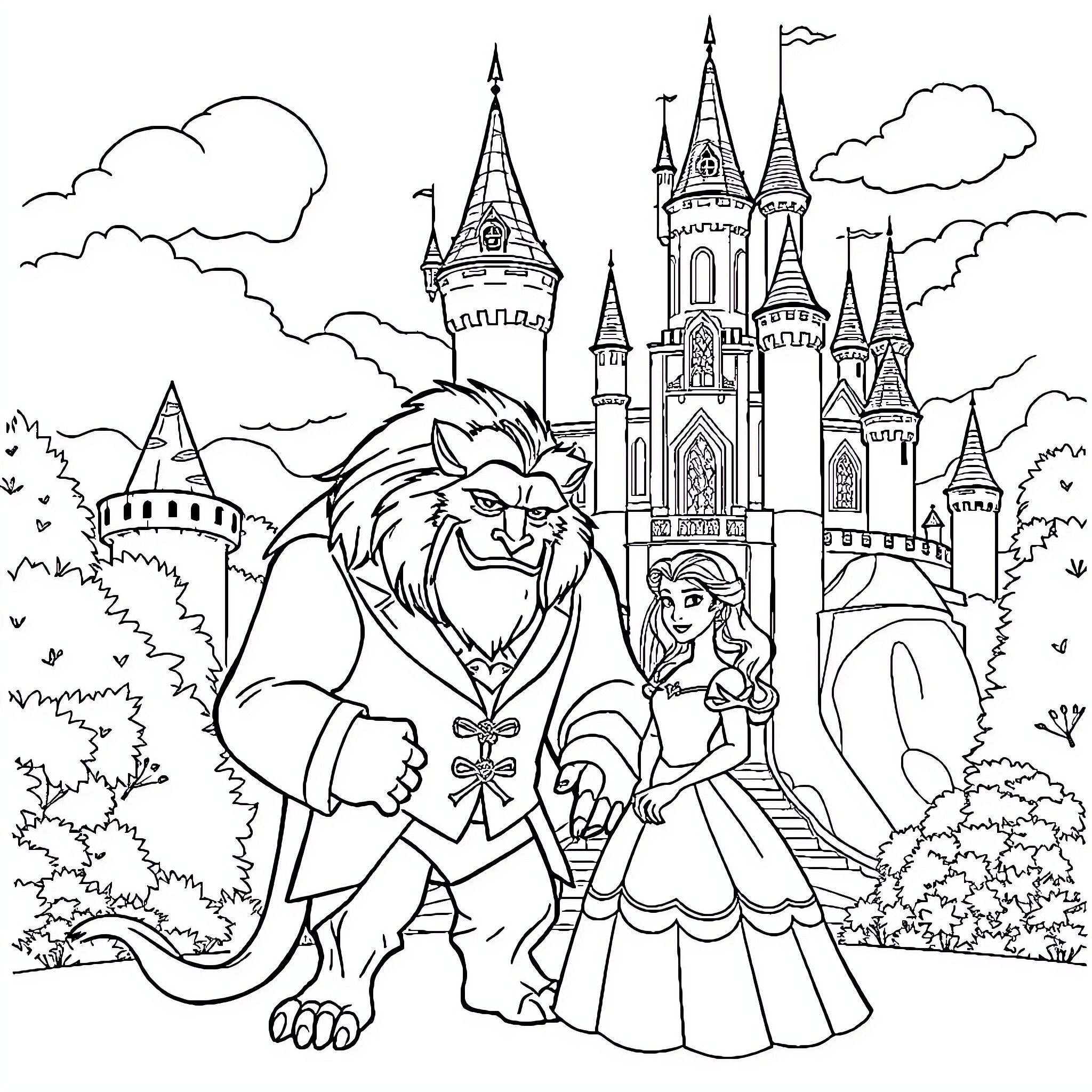 Beauty And The Beast: Majestic Castle and Enchanting Duo Coloring Page (free black-and-white line drawing printable PDF for all, from beginners to advanced learners, including children, teens, adults, and seniors)