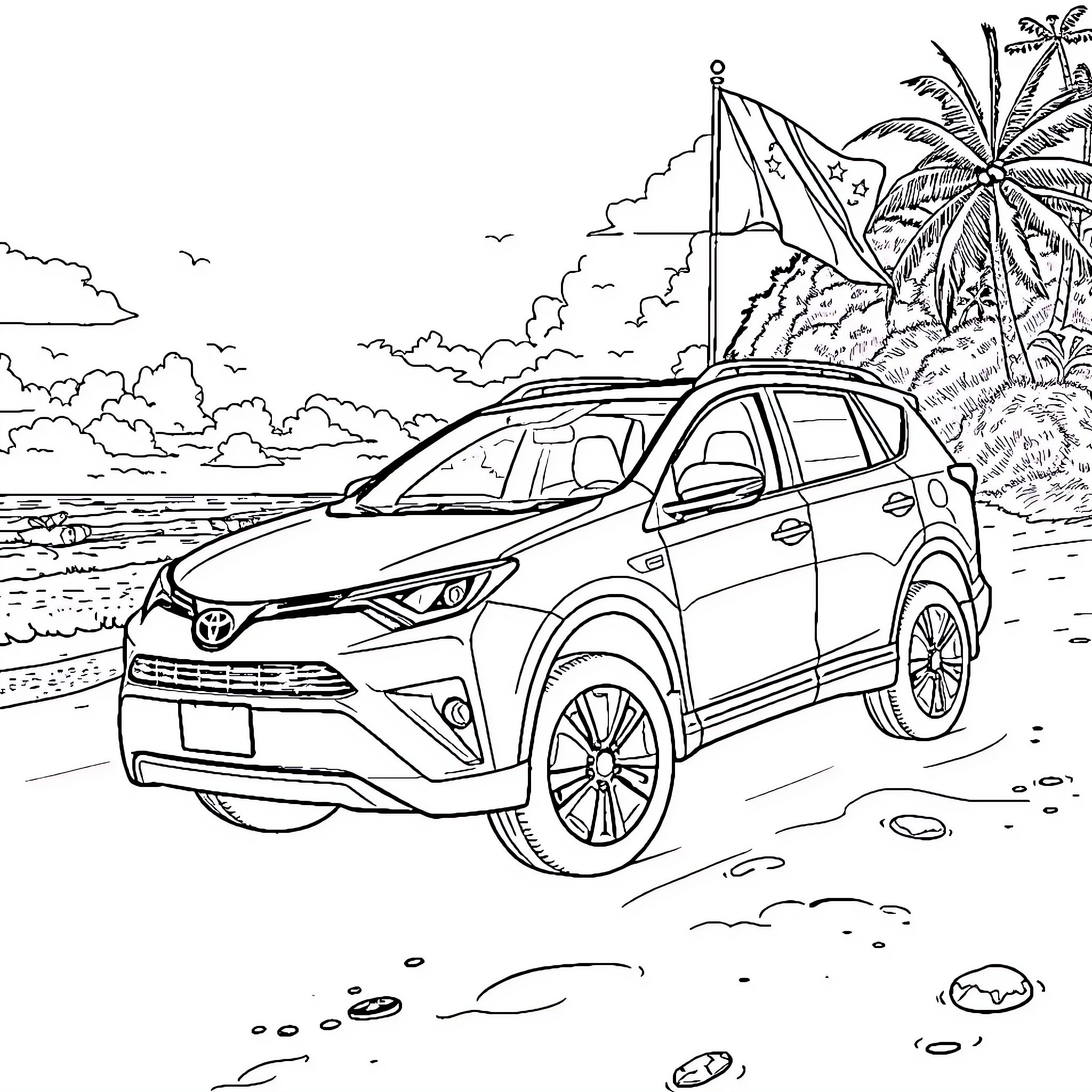 Toyota Rav 4 on a tropical beach Coloring Page (free black-and-white line drawing printable PDF for all, from beginners to advanced learners, including children, teens, adults, and seniors)