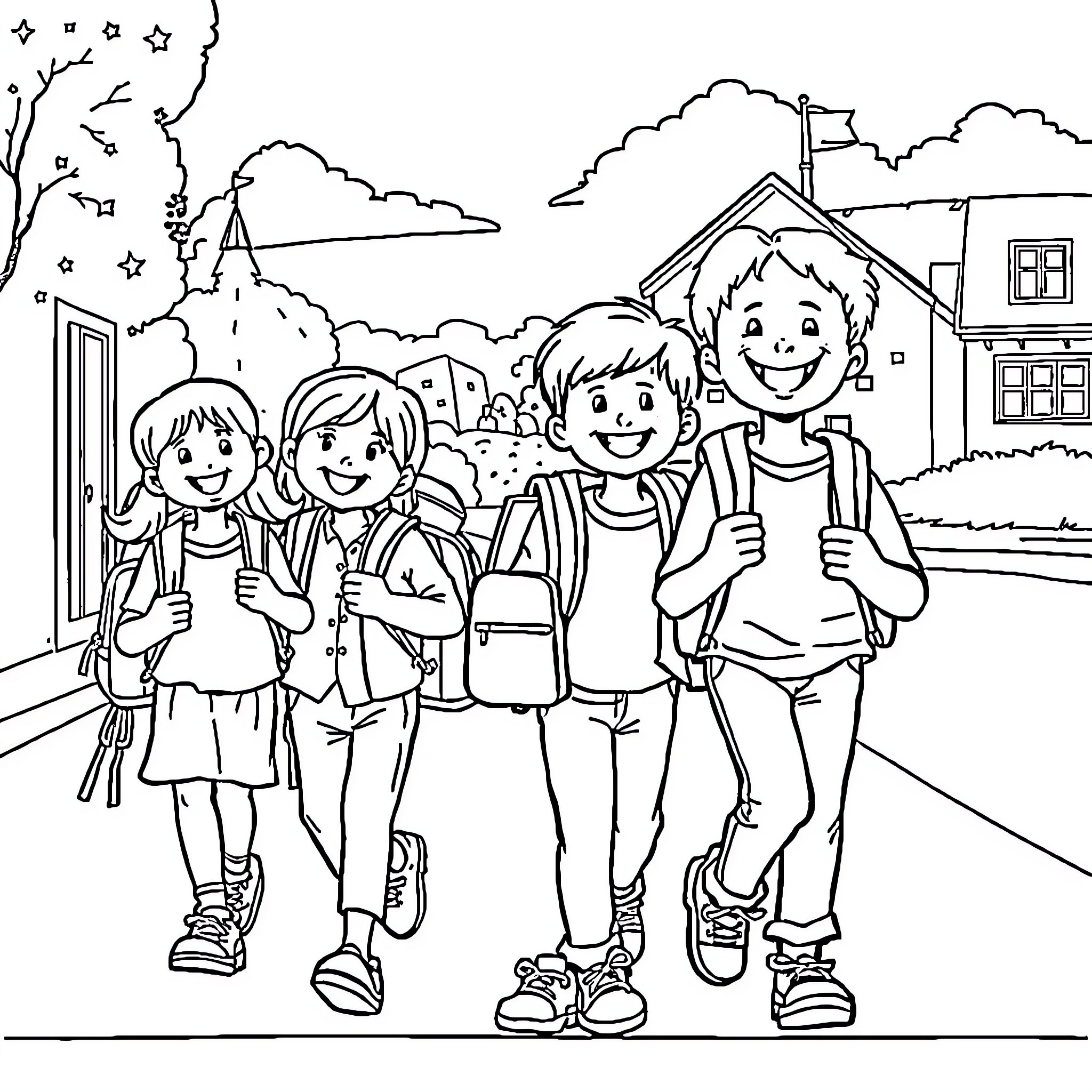 Child Friends Walking to School Coloring Page (free black-and-white line drawing printable PDF for all, from beginners to advanced learners, including children, teens, adults, and seniors)