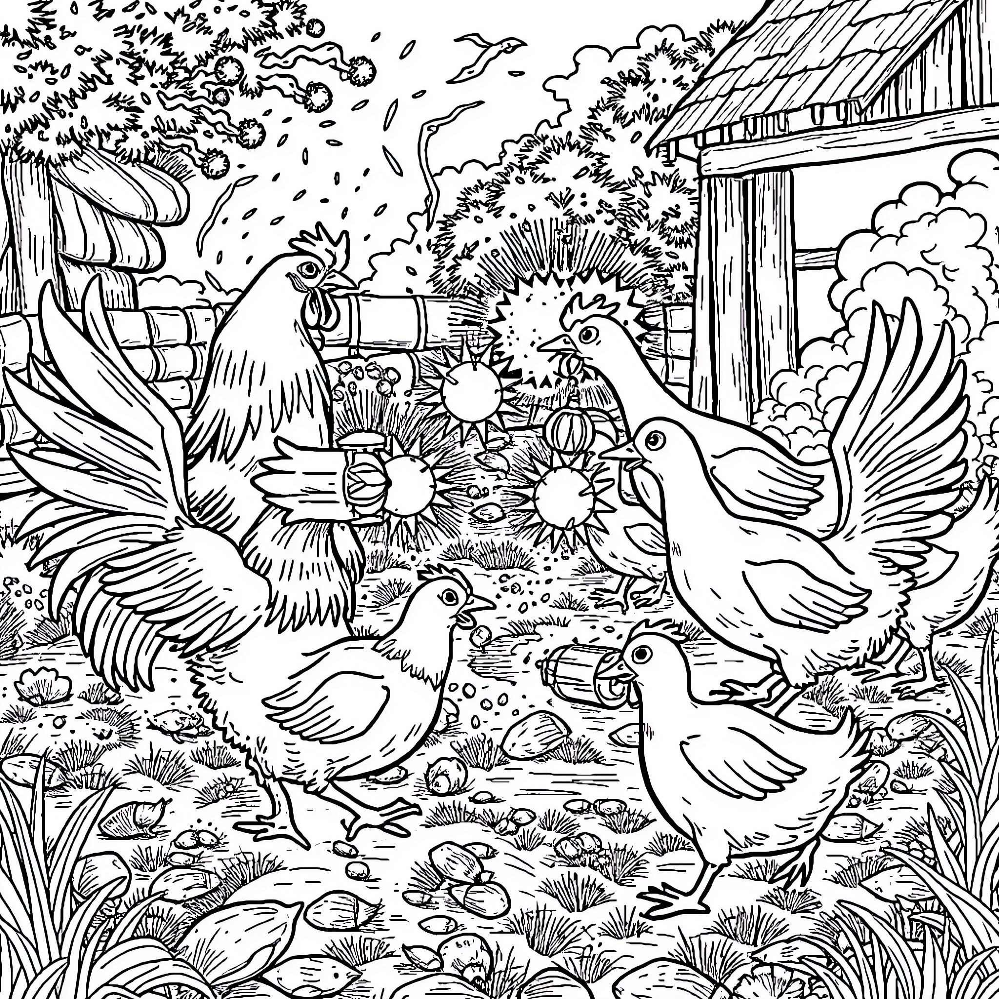 Chicken Family Enjoying a Lively Farmyard Scene Coloring Page (free black-and-white line drawing printable PDF for all, from beginners to advanced learners, including children, teens, adults, and seniors)