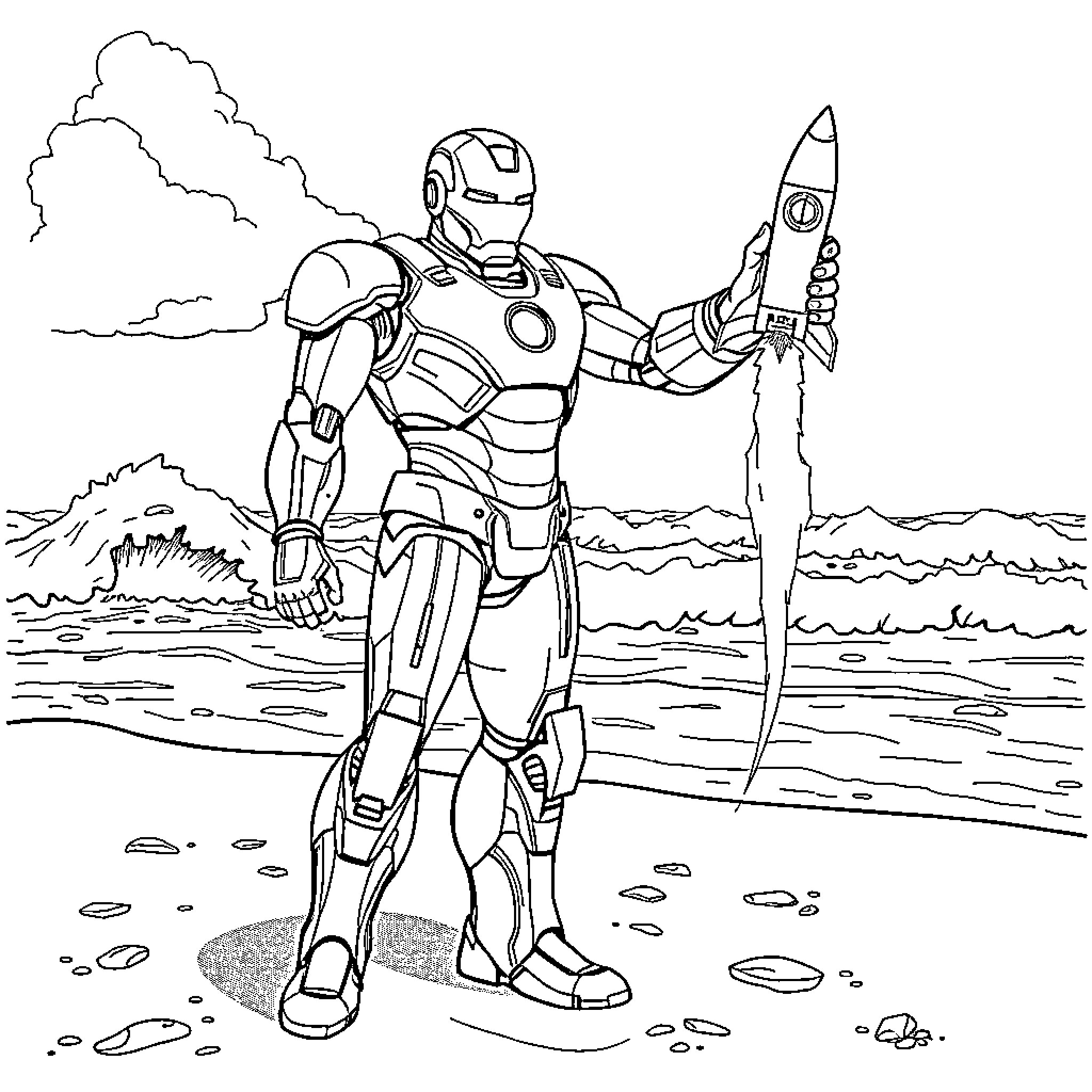 Ironman standing on the beach with a rocket Coloring Page (free black-and-white line drawing printable PDF for all, from beginners to advanced learners, including children, teens, adults, and seniors)