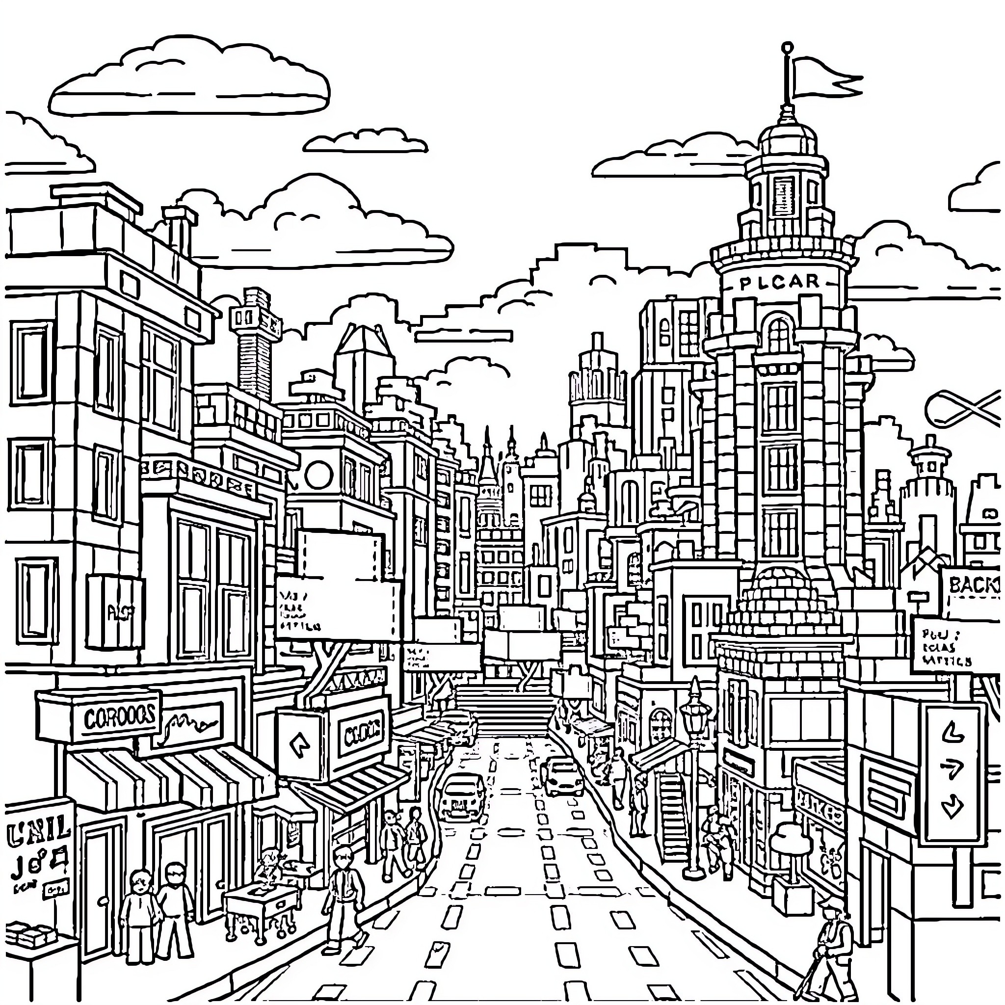 Minecraft City Skyline with Bustling Streets Coloring Page (free black-and-white line drawing printable PDF for all, from beginners to advanced learners, including children, teens, adults, and seniors)