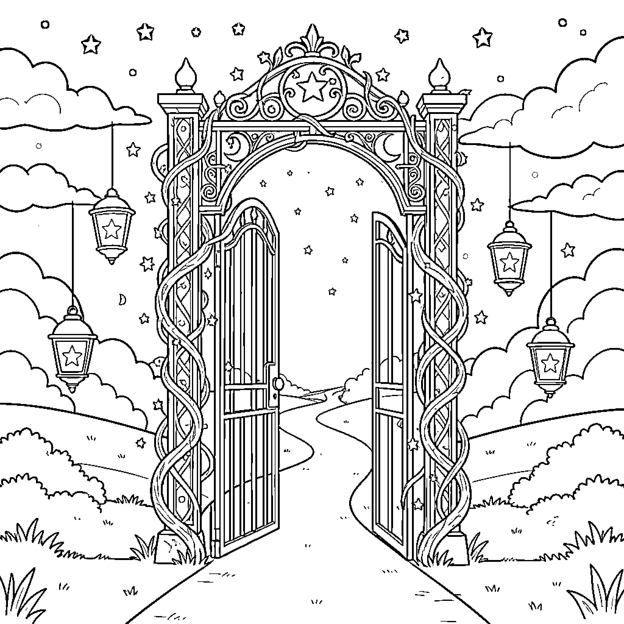 Gate standing open toward a starry path in nature Coloring Page (free black-and-white line drawing printable PDF for all, from beginners to advanced learners, including children, teens, adults, and seniors)