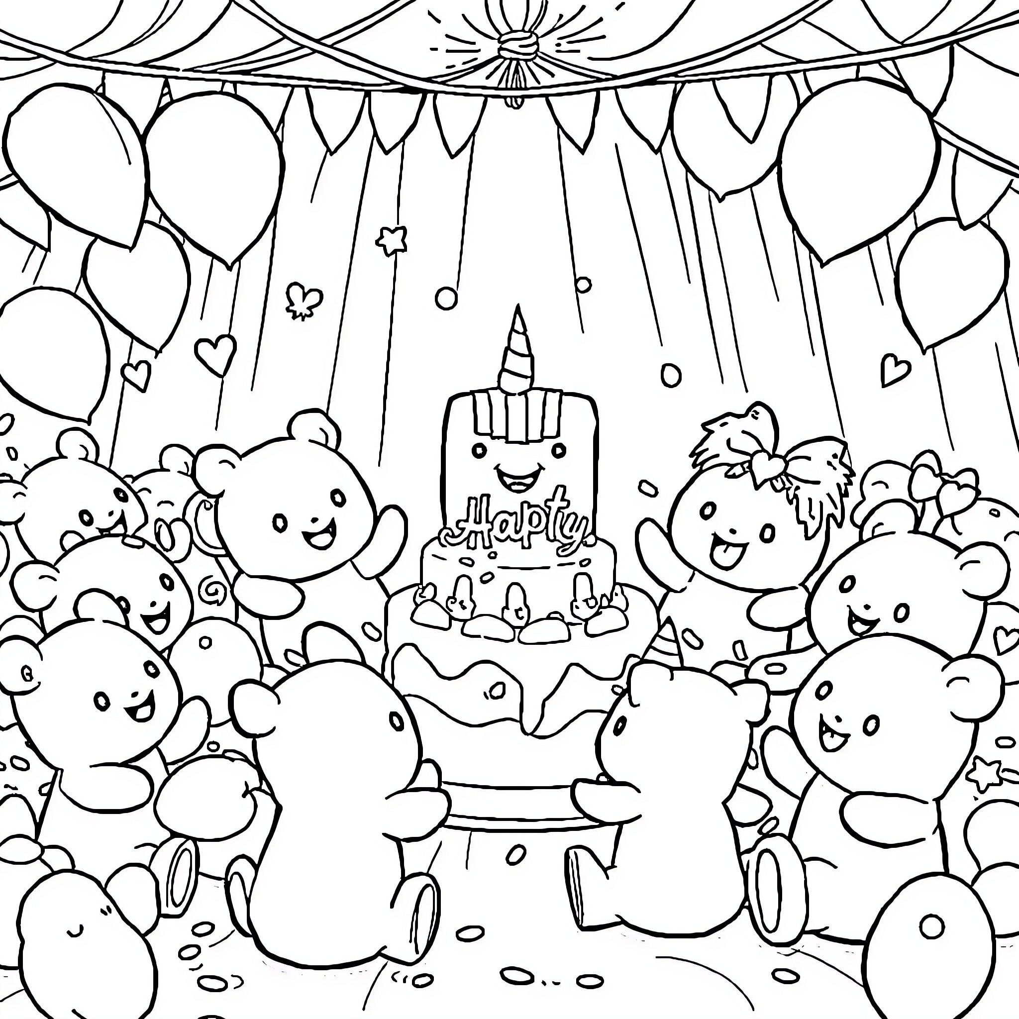 Squishmallow Party with Balloons and Birthday Cake Coloring Page (free black-and-white line drawing printable PDF for all, from beginners to advanced learners, including children, teens, adults, and seniors)