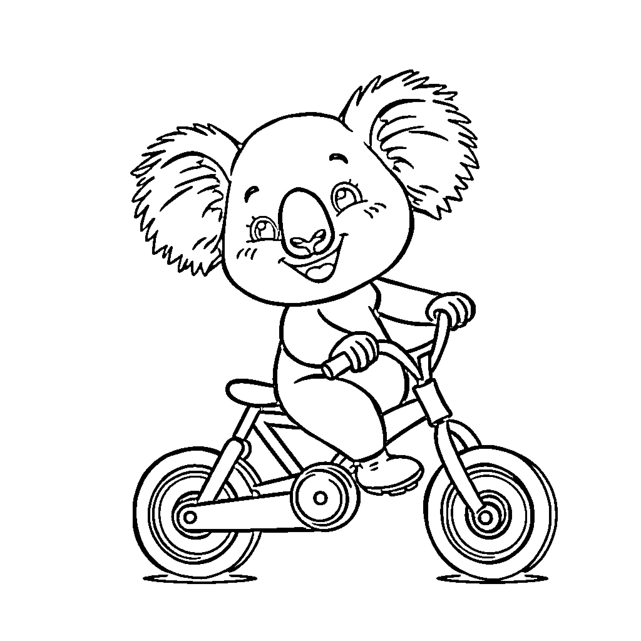 Koala riding a tricycle happily Coloring Page (free black-and-white line drawing printable PDF for all, from beginners to advanced learners, including children, teens, adults, and seniors)