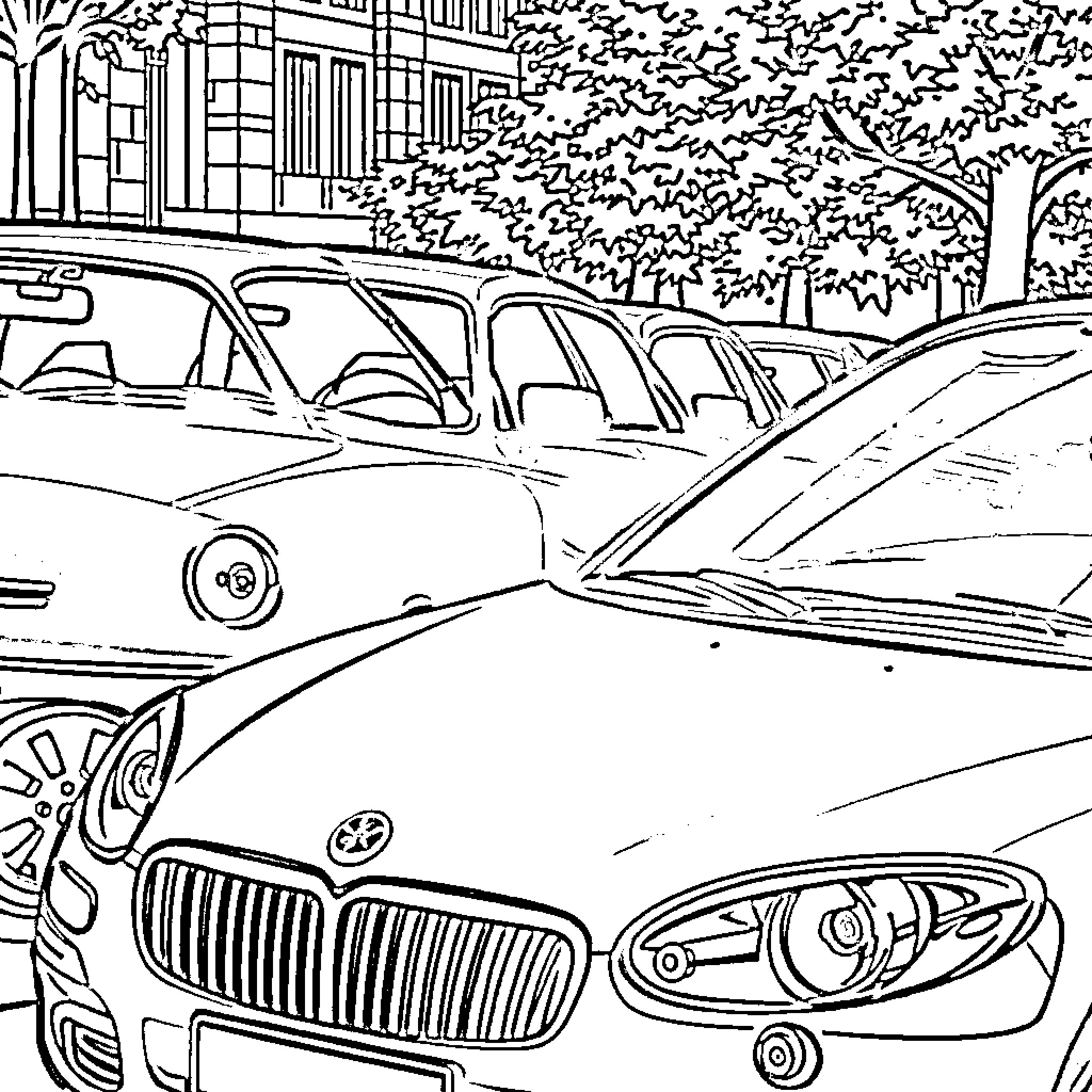 Race Cars Parked on City Street Coloring Page (free black-and-white line drawing printable PDF for all, from beginners to advanced learners, including children, teens, adults, and seniors)