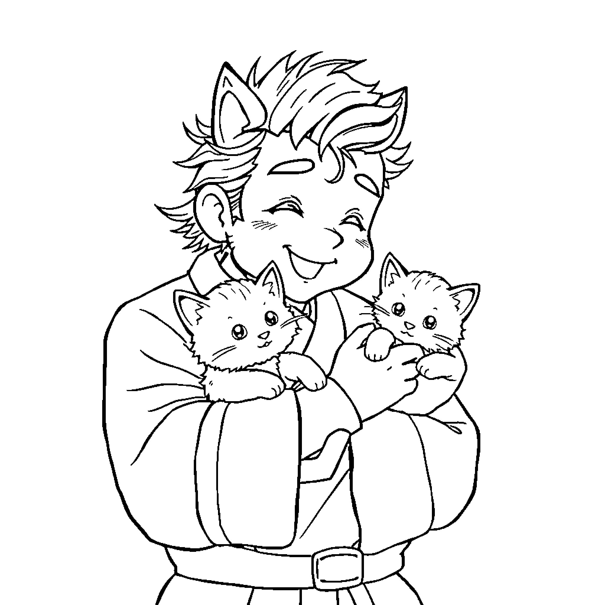 Tanjiro embracing adorable kittens Coloring Page (free black-and-white line drawing printable PDF for all, from beginners to advanced learners, including children, teens, adults, and seniors)