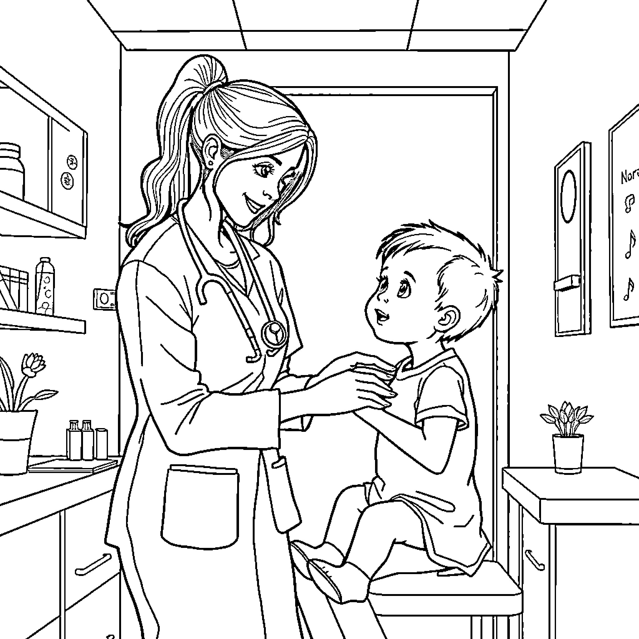 Nurse caring for young patient in medical office Coloring Page (free black-and-white line drawing printable PDF for all, from beginners to advanced learners, including children, teens, adults, and seniors)