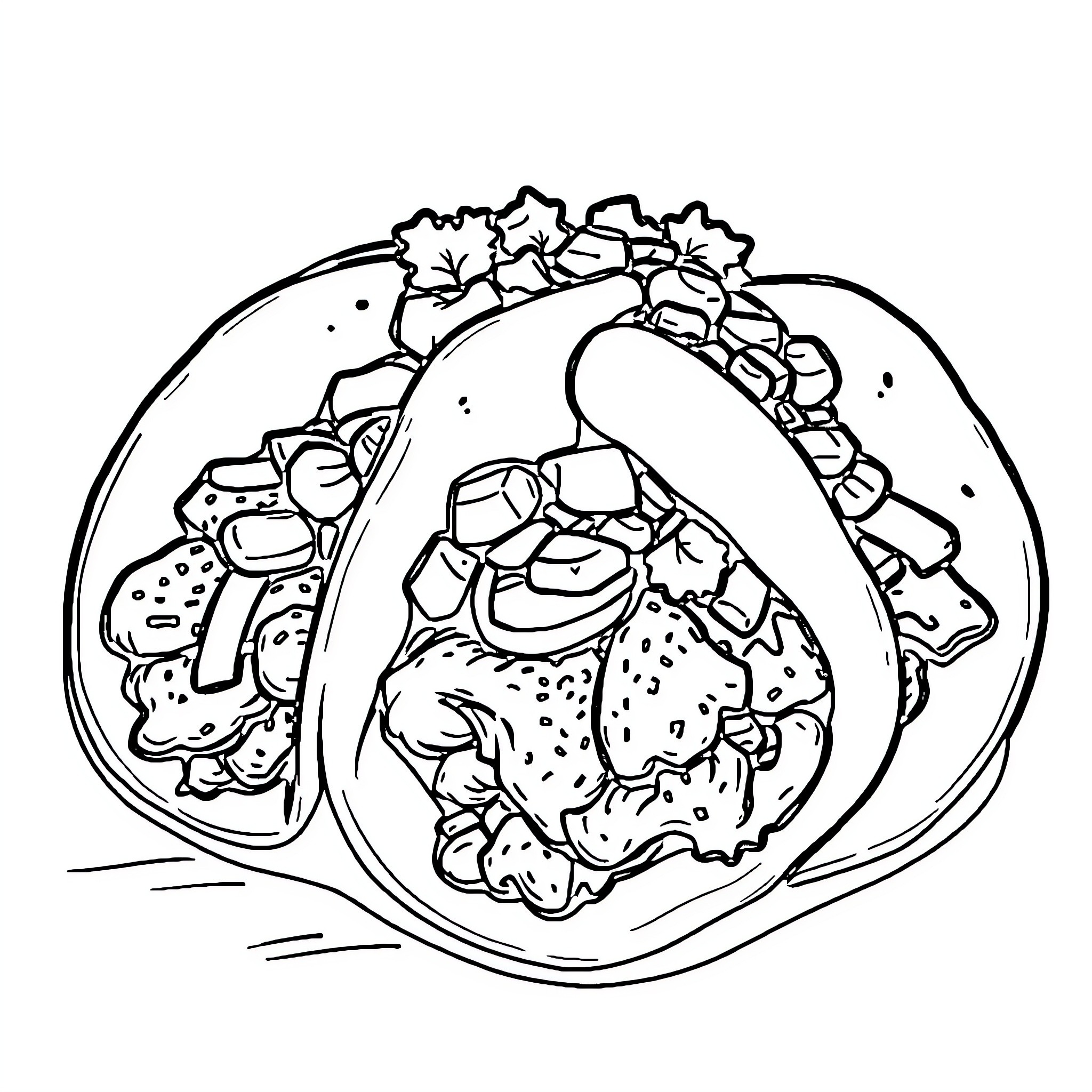 Taco with tasty fillings and garnish Coloring Page (free black-and-white line drawing printable PDF for all, from beginners to advanced learners, including children, teens, adults, and seniors)