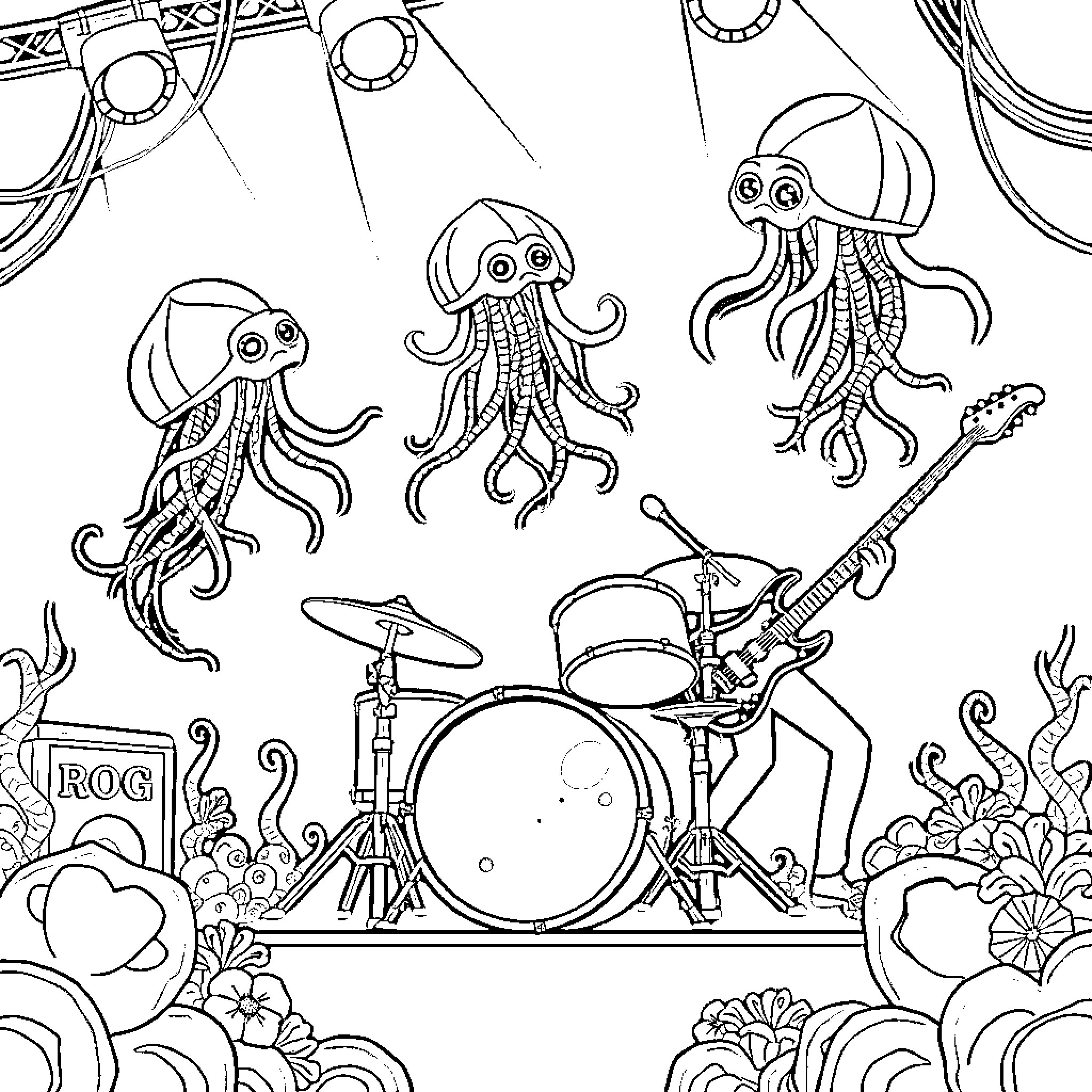 Jellyfish band rocking out on stage Coloring Page (free black-and-white line drawing printable PDF for all, from beginners to advanced learners, including children, teens, adults, and seniors)