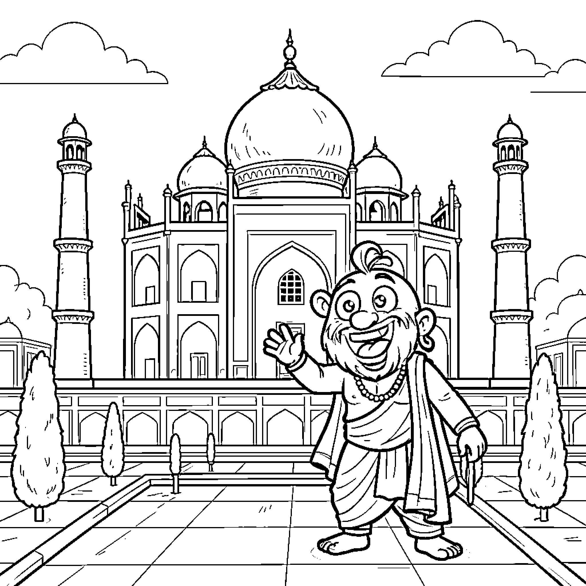 Bhoot Exploring the Majestic Taj Mahal Coloring Page (free black-and-white line drawing printable PDF for all, from beginners to advanced learners, including children, teens, adults, and seniors)
