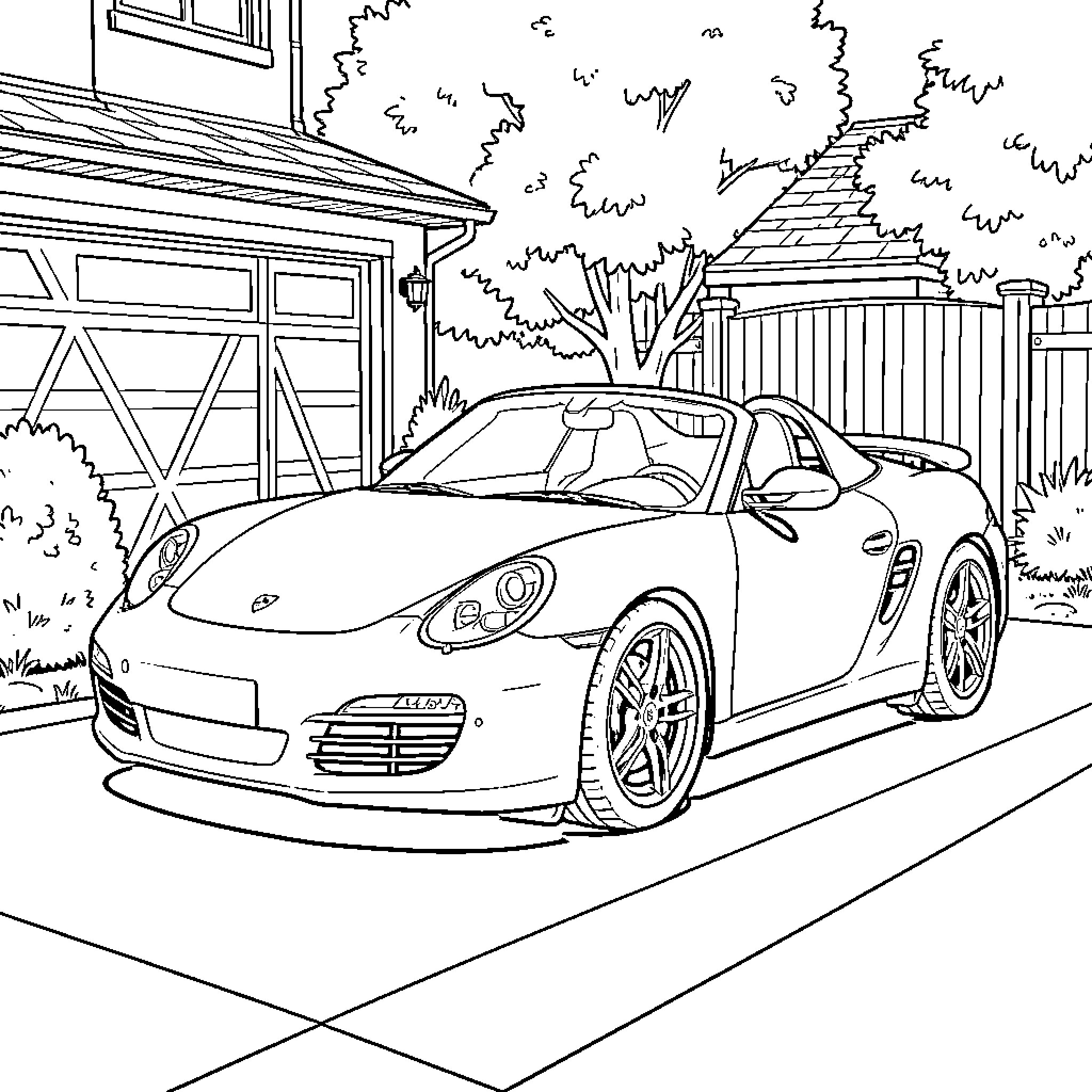 Porsche parked in a driveway near a house Coloring Page (free black-and-white line drawing printable PDF for all, from beginners to advanced learners, including children, teens, adults, and seniors)
