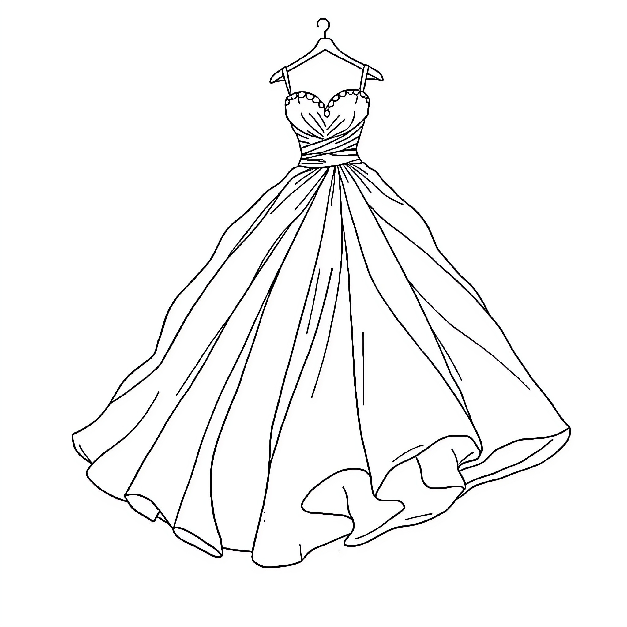 Wedding Dress on Hanger with Flowing Design Coloring Page (free black-and-white line drawing printable PDF for all, from beginners to advanced learners, including children, teens, adults, and seniors)