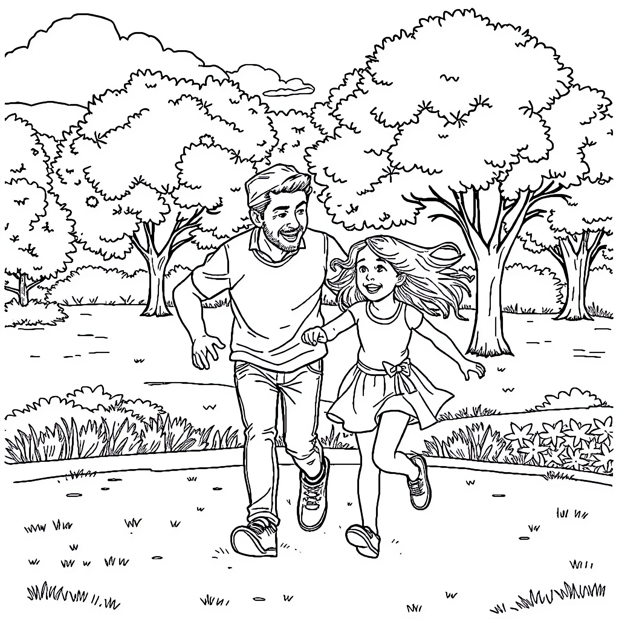 Father and daughter enjoy playful outdoor adventure Coloring Page (free black-and-white line drawing printable PDF for all, from beginners to advanced learners, including children, teens, adults, and seniors)