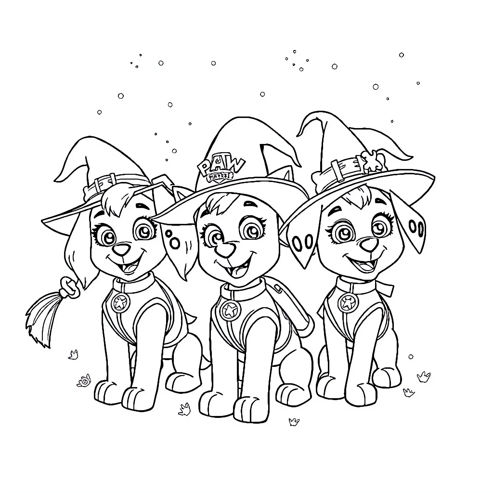 Paw Patrol Pups in Halloween Costumes Coloring Page (free black-and-white line drawing printable PDF for all, from beginners to advanced learners, including children, teens, adults, and seniors)