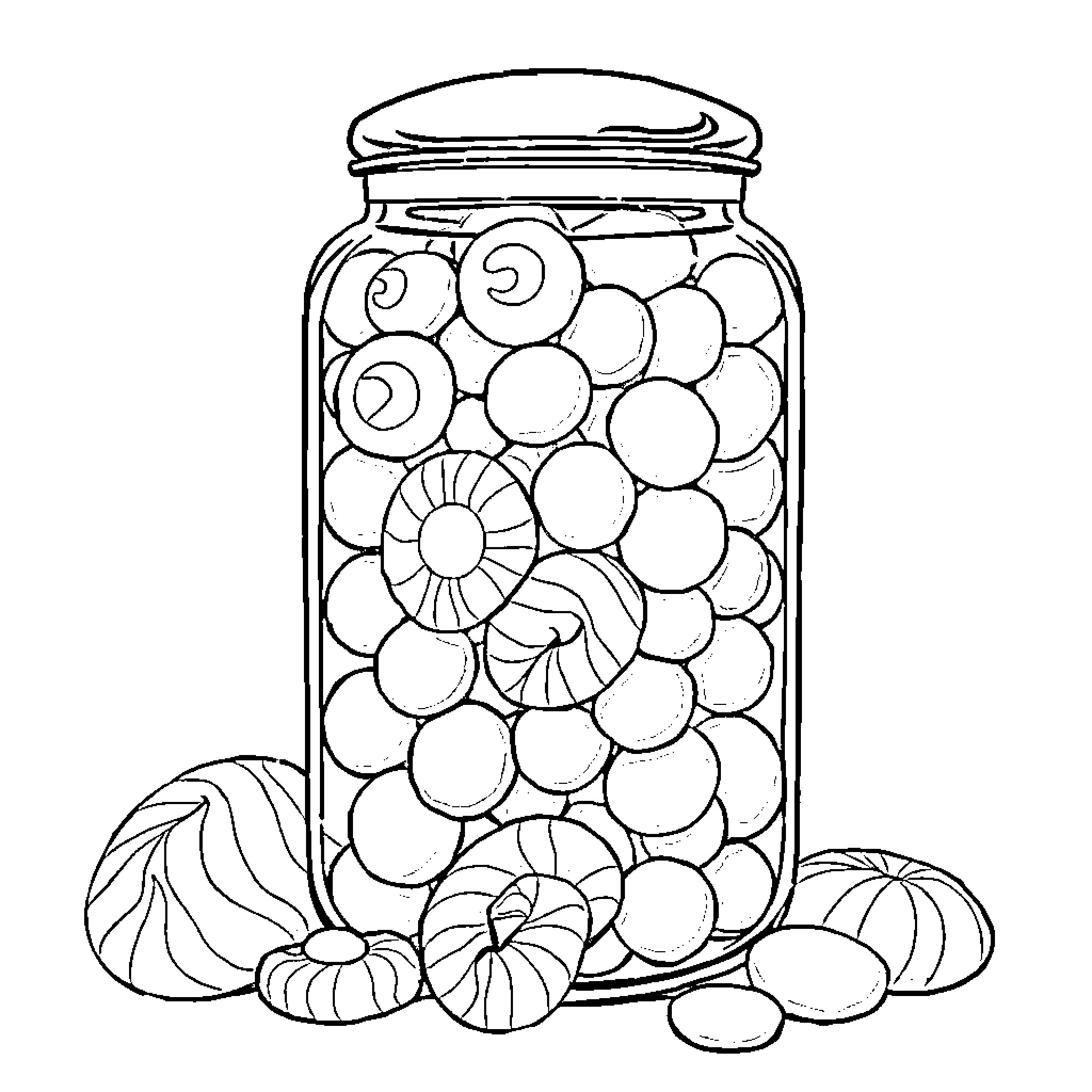 Candy Jar with Assorted Sweets and Flowers Coloring Page (free black-and-white line drawing printable PDF for all, from beginners to advanced learners, including children, teens, adults, and seniors)
