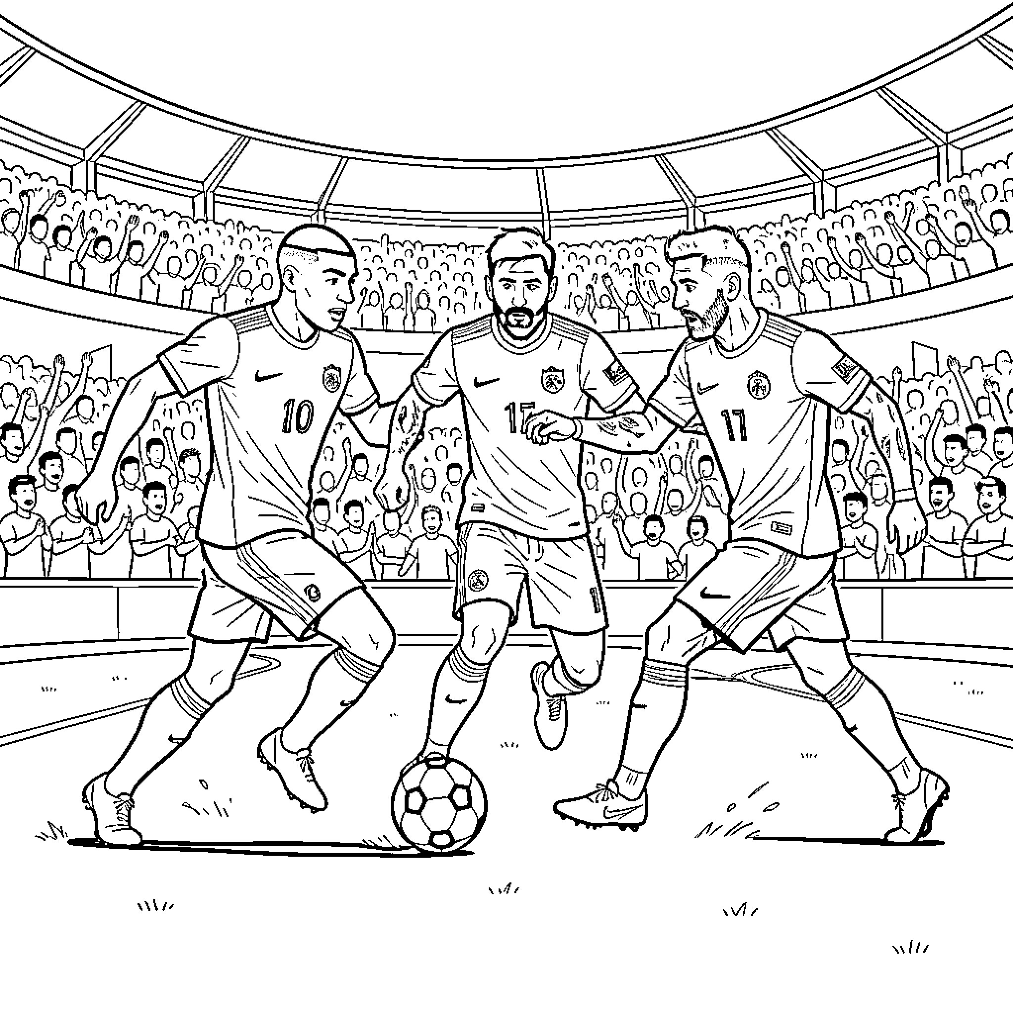 Football Players competing intensely for the ball during a match Coloring Page (free black-and-white line drawing printable PDF for all, from beginners to advanced learners, including children, teens, adults, and seniors)