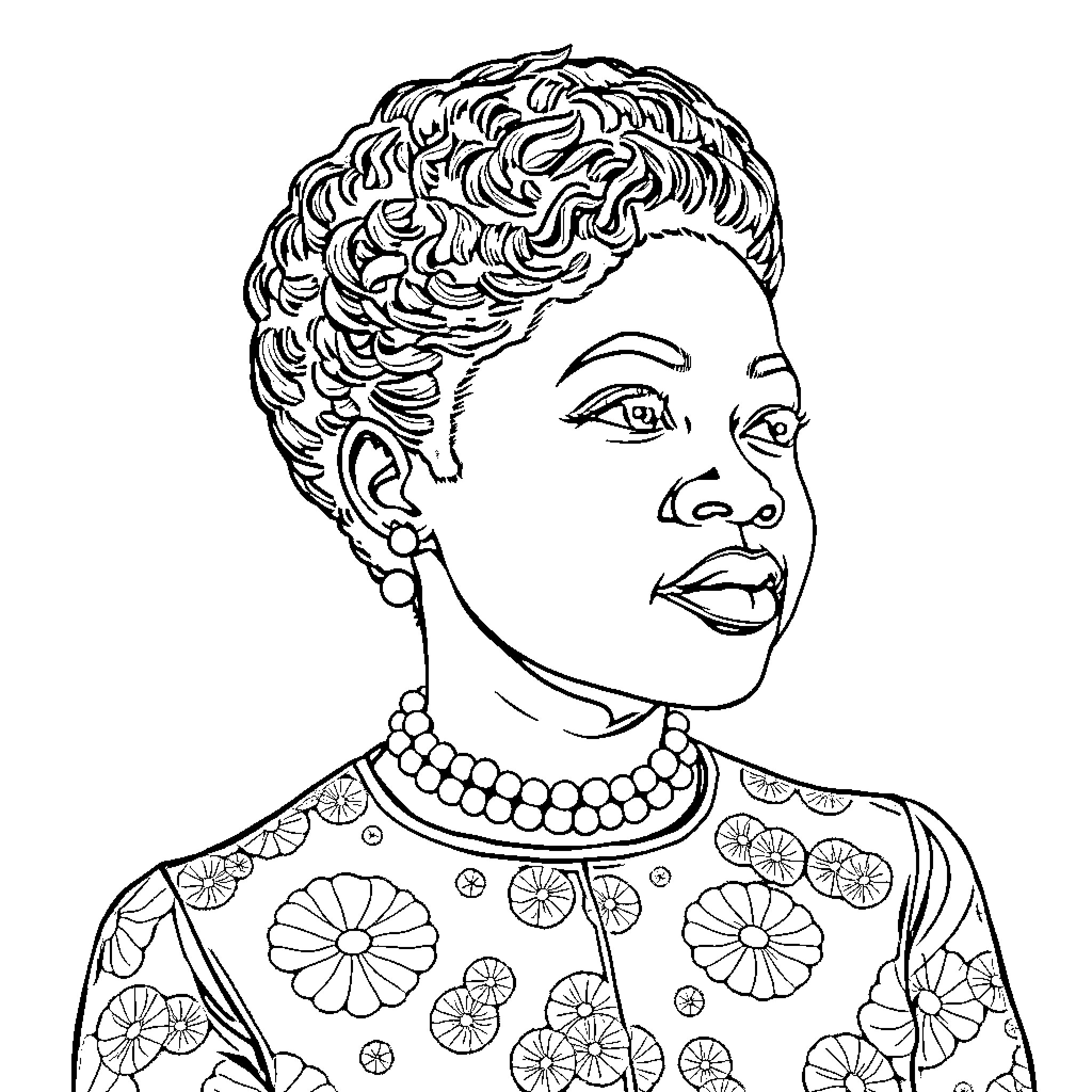 Viola Desmond facing forward with a confident expression Coloring Page (free black-and-white line drawing printable PDF for all, from beginners to advanced learners, including children, teens, adults, and seniors)