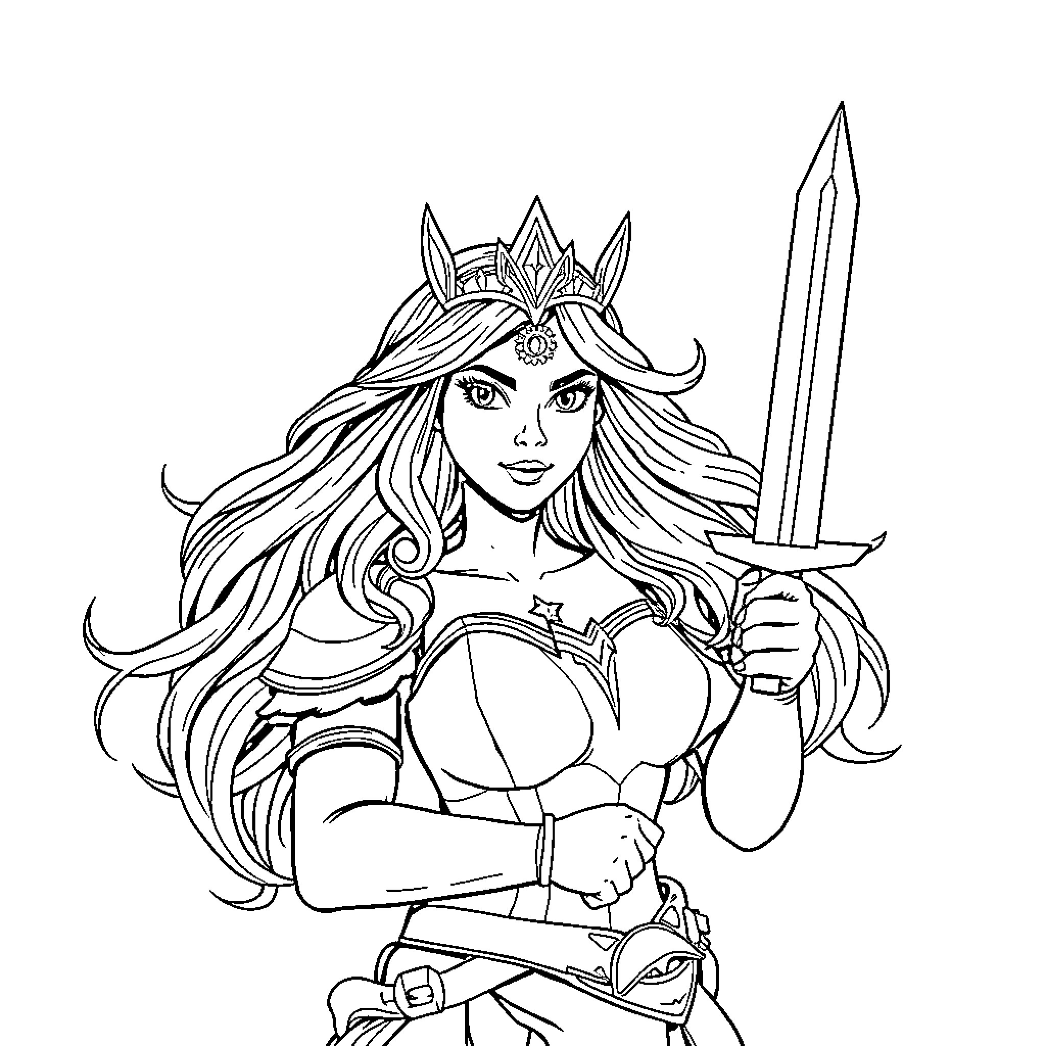 Princess Warrior with Sword and Armor Coloring Page (free black-and-white line drawing printable PDF for all, from beginners to advanced learners, including children, teens, adults, and seniors)