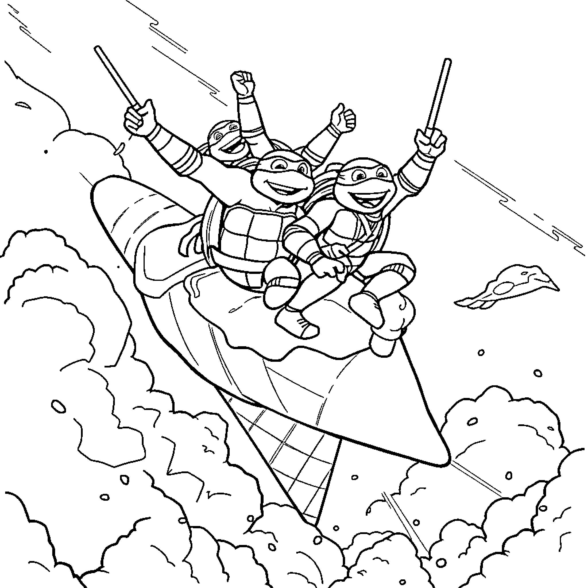 Teenage Mutant Ninja Turtles soaring through the air in action Coloring Page (free black-and-white line drawing printable PDF for all, from beginners to advanced learners, including children, teens, adults, and seniors)